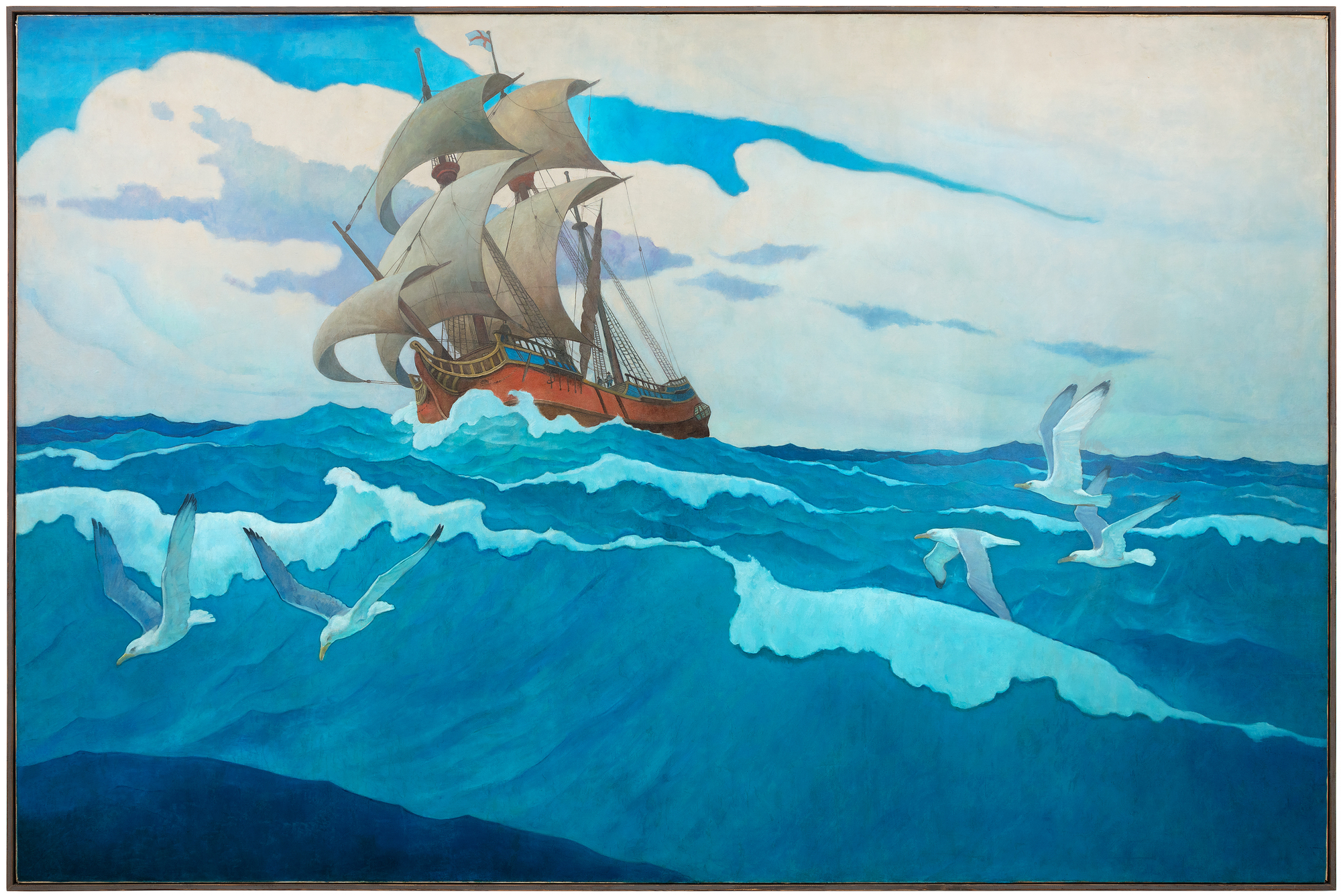 N.C. WYETH - The Coming of the Mayflower in 1620 N.C. Wyeth’s extraordinary skills as an illustrator were borne of impeccable draftsmanship and as a painter, his warmly rich, harmonious sense of color, and ability to capture the quality of light itself. But it is his unmatched artistry in vivifying story and character with a powerful sense of mood that we admire most of all — the ability to transport himself to the world and time of his creation and to convey it with a beguiling sense of conviction. That ability is as apparent in the compositional complexities of Treasure Island’s “One More Step, Mr. Hands!” as it is here, in the summary account of a square-rigged, seventeenth-century merchant ship tossed upon the seas. The Coming of the Mayflower in 1620 is a simple statement of observable facts, yet Wyeth’s impeccable genius as an illustrator imbues it with the bracing salt air and taste that captures the adventuresome spirit of the men and women who are largely credited with the founding of America. That spirit is carried on the wind and tautly billowed sails, the jaunty heeling of the ship at the nose of a stiff gale, the thrusting, streamed-limned clouds, and the gulls jauntily arranged to celebrate an arrival as they are the feathered angels of providence guiding it to safe harbor.<br><br>The Coming of the Mayflower in 1620 was based on two studies, a composition drawing in graphite and a small presentation painting. The finished mural appears to have been installed in 1941.