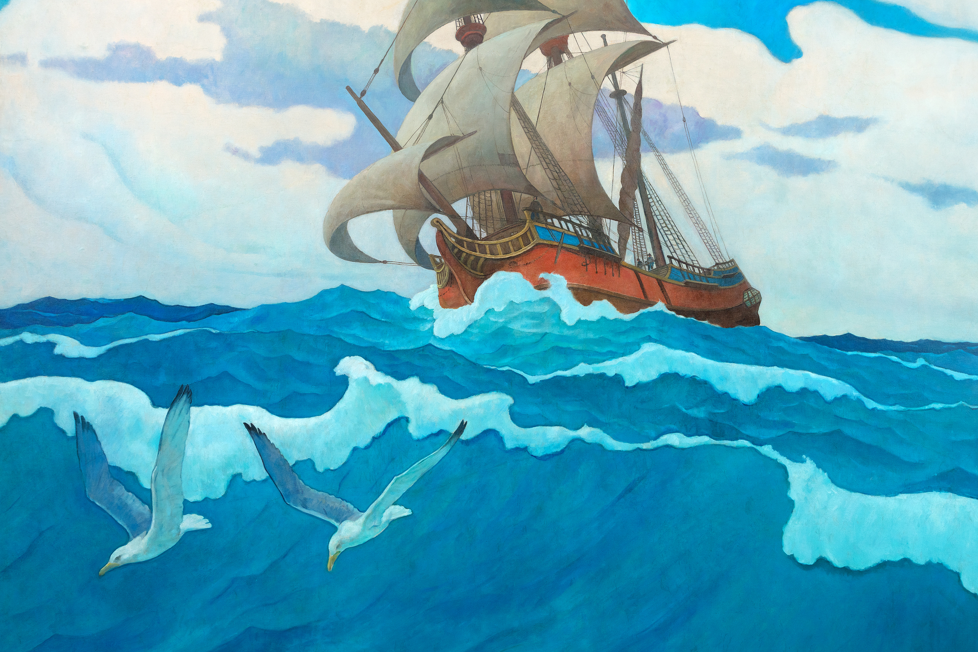N.C. WYETH - The Coming of the Mayflower in 1620 N.C. Wyeth’s extraordinary skills as an illustrator were borne of impeccable draftsmanship and as a painter, his warmly rich, harmonious sense of color, and ability to capture the quality of light itself. But it is his unmatched artistry in vivifying story and character with a powerful sense of mood that we admire most of all — the ability to transport himself to the world and time of his creation and to convey it with a beguiling sense of conviction. That ability is as apparent in the compositional complexities of Treasure Island’s “One More Step, Mr. Hands!” as it is here, in the summary account of a square-rigged, seventeenth-century merchant ship tossed upon the seas. The Coming of the Mayflower in 1620 is a simple statement of observable facts, yet Wyeth’s impeccable genius as an illustrator imbues it with the bracing salt air and taste that captures the adventuresome spirit of the men and women who are largely credited with the founding of America. That spirit is carried on the wind and tautly billowed sails, the jaunty heeling of the ship at the nose of a stiff gale, the thrusting, streamed-limned clouds, and the gulls jauntily arranged to celebrate an arrival as they are the feathered angels of providence guiding it to safe harbor.<br><br>The Coming of the Mayflower in 1620 was based on two studies, a composition drawing in graphite and a small presentation painting. The finished mural appears to have been installed in 1941.