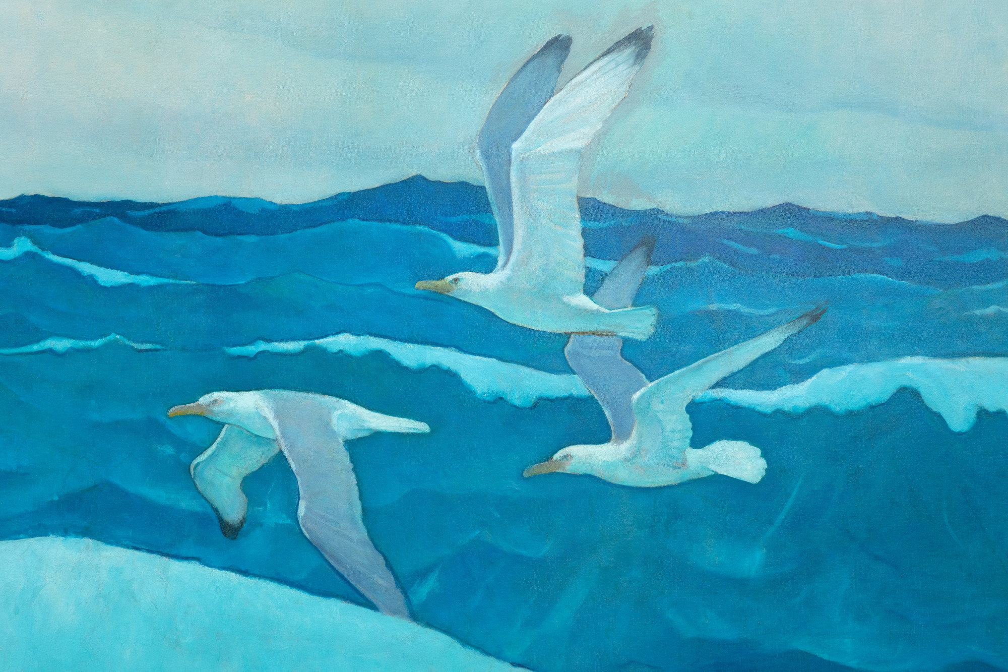 N.C. WYETH - The Coming of the Mayflower in 1620 N.C. Wyeth’s extraordinary skills as an illustrator were borne of impeccable draftsmanship and as a painter, his warmly rich, harmonious sense of color, and ability to capture the quality of light itself. But it is his unmatched artistry in vivifying story and character with a powerful sense of mood that we admire most of all — the ability to transport himself to the world and time of his creation and to convey it with a beguiling sense of conviction. That ability is as apparent in the compositional complexities of Treasure Island’s “One More Step, Mr. Hands!” as it is here, in the summary account of a square-rigged, seventeenth-century merchant ship tossed upon the seas. The Coming of the Mayflower in 1620 is a simple statement of observable facts, yet Wyeth’s impeccable genius as an illustrator imbues it with the bracing salt air and taste that captures the adventuresome spirit of the men and women who are largely credited with the founding of America. That spirit is carried on the wind and tautly billowed sails, the jaunty heeling of the ship at the nose of a stiff gale, the thrusting, streamed-limned clouds, and the gulls jauntily arranged to celebrate an arrival as they are the feathered angels of providence guiding it to safe harbor.<br><br>The Coming of the Mayflower in 1620 was based on two studies, a composition drawing in graphite and a small presentation painting. The finished mural appears to have been installed in 1941.