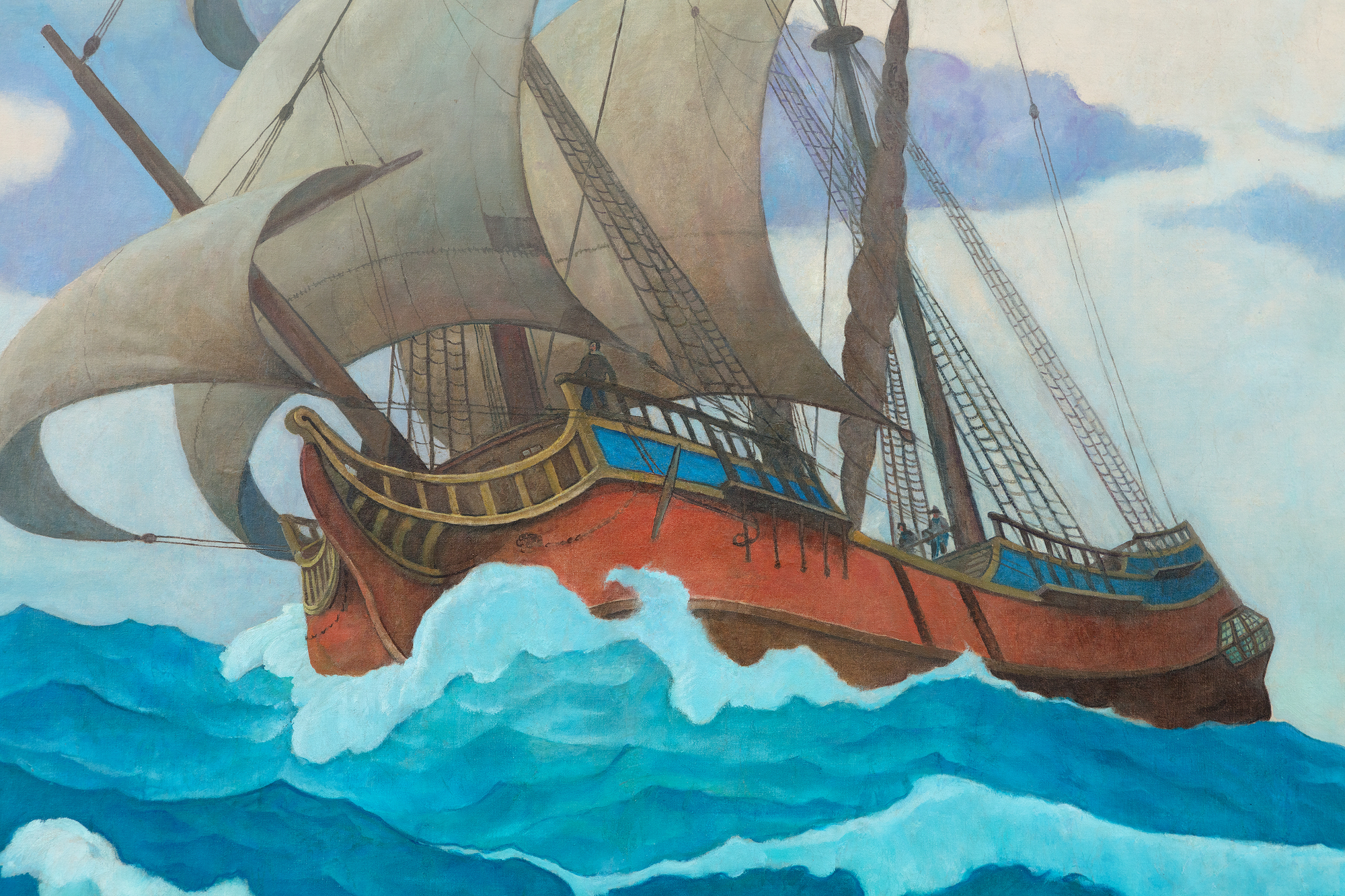 N.C. WYETH - The Coming of the Mayflower in 1620 N.C. Wyeth’s extraordinary skills as an illustrator were borne of impeccable draftsmanship and as a painter, his warmly rich, harmonious sense of color, and ability to capture the quality of light itself. But it is his unmatched artistry in vivifying story and character with a powerful sense of mood that we admire most of all — the ability to transport himself to the world and time of his creation and to convey it with a beguiling sense of conviction. That ability is as apparent in the compositional complexities of Treasure Island’s “One More Step, Mr. Hands!” as it is here, in the summary account of a square-rigged, seventeenth-century merchant ship tossed upon the seas. The Coming of the Mayflower in 1620 is a simple statement of observable facts, yet Wyeth’s impeccable genius as an illustrator imbues it with the bracing salt air and taste that captures the adventuresome spirit of the men and women who are largely credited with the founding of America. That spirit is carried on the wind and tautly billowed sails, the jaunty heeling of the ship at the nose of a stiff gale, the thrusting, streamed-limned clouds, and the gulls jauntily arranged to celebrate an arrival as they are the feathered angels of providence guiding it to safe harbor.<br><br>The Coming of the Mayflower in 1620 was based on two studies, a composition drawing in graphite and a small presentation painting. The finished mural appears to have been installed in 1941.