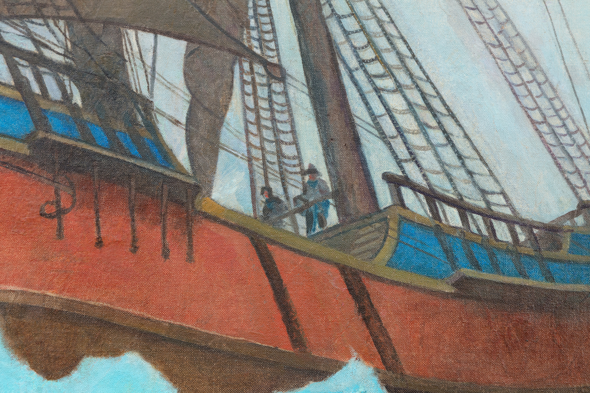 N.C. WYETH - The Coming of the Mayflower in 1620 N.C. Wyeth’s extraordinary skills as an illustrator were borne of impeccable draftsmanship and as a painter, his warmly rich, harmonious sense of color, and ability to capture the quality of light itself. But it is his unmatched artistry in vivifying story and character with a powerful sense of mood that we admire most of all — the ability to transport himself to the world and time of his creation and to convey it with a beguiling sense of conviction. That ability is as apparent in the compositional complexities of Treasure Island’s “One More Step, Mr. Hands!” as it is here, in the summary account of a square-rigged, seventeenth-century merchant ship tossed upon the seas. The Coming of the Mayflower in 1620 is a simple statement of observable facts, yet Wyeth’s impeccable genius as an illustrator imbues it with the bracing salt air and taste that captures the adventuresome spirit of the men and women who are largely credited with the founding of America. That spirit is carried on the wind and tautly billowed sails, the jaunty heeling of the ship at the nose of a stiff gale, the thrusting, streamed-limned clouds, and the gulls jauntily arranged to celebrate an arrival as they are the feathered angels of providence guiding it to safe harbor.<br><br>The Coming of the Mayflower in 1620 was based on two studies, a composition drawing in graphite and a small presentation painting. The finished mural appears to have been installed in 1941.