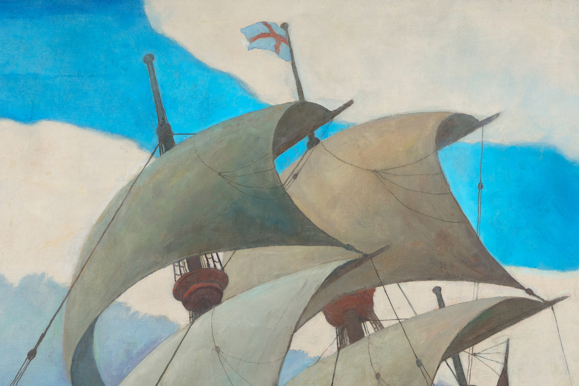 N.C. WYETH - The Coming of the Mayflower in 1620 N.C. Wyeth’s extraordinary skills as an illustrator were borne of impeccable draftsmanship and as a painter, his warmly rich, harmonious sense of color, and ability to capture the quality of light itself. But it is his unmatched artistry in vivifying story and character with a powerful sense of mood that we admire most of all — the ability to transport himself to the world and time of his creation and to convey it with a beguiling sense of conviction. That ability is as apparent in the compositional complexities of Treasure Island’s “One More Step, Mr. Hands!” as it is here, in the summary account of a square-rigged, seventeenth-century merchant ship tossed upon the seas. The Coming of the Mayflower in 1620 is a simple statement of observable facts, yet Wyeth’s impeccable genius as an illustrator imbues it with the bracing salt air and taste that captures the adventuresome spirit of the men and women who are largely credited with the founding of America. That spirit is carried on the wind and tautly billowed sails, the jaunty heeling of the ship at the nose of a stiff gale, the thrusting, streamed-limned clouds, and the gulls jauntily arranged to celebrate an arrival as they are the feathered angels of providence guiding it to safe harbor.<br><br>The Coming of the Mayflower in 1620 was based on two studies, a composition drawing in graphite and a small presentation painting. The finished mural appears to have been installed in 1941.