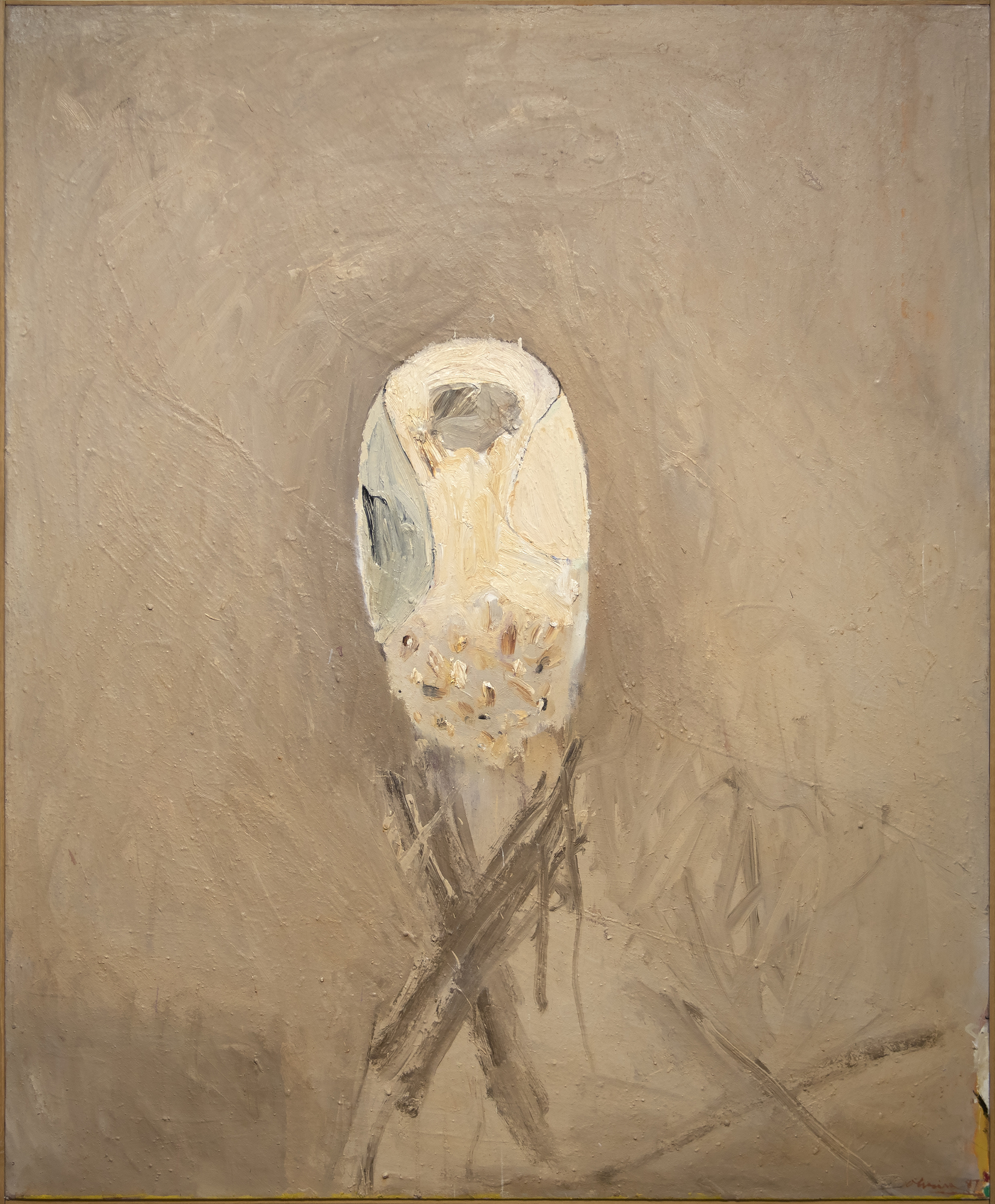 Oliveira’s existential figures convey an unease reminiscent of Giacometti's style, a characteristic that persisted throughout Oliveira's extensive career. But he also explored the intrinsic essence of birds and animals and investigated the fleeting nature of perception, where memory reconstructs ephemeral experiences. In his later years, he focused on site paintings and monographs, evoking the forgotten names of ancient civilizations or tribes as if unearthed in an archaeological excavation. With Mask, the enigmatic egg-shape, elevated as if placed upon a burial platform, and its subdued, soft, earthen terracotta palette point to tribal associations and may reflect his interest as a collector of Indigenous masks, mostly from Mexico.