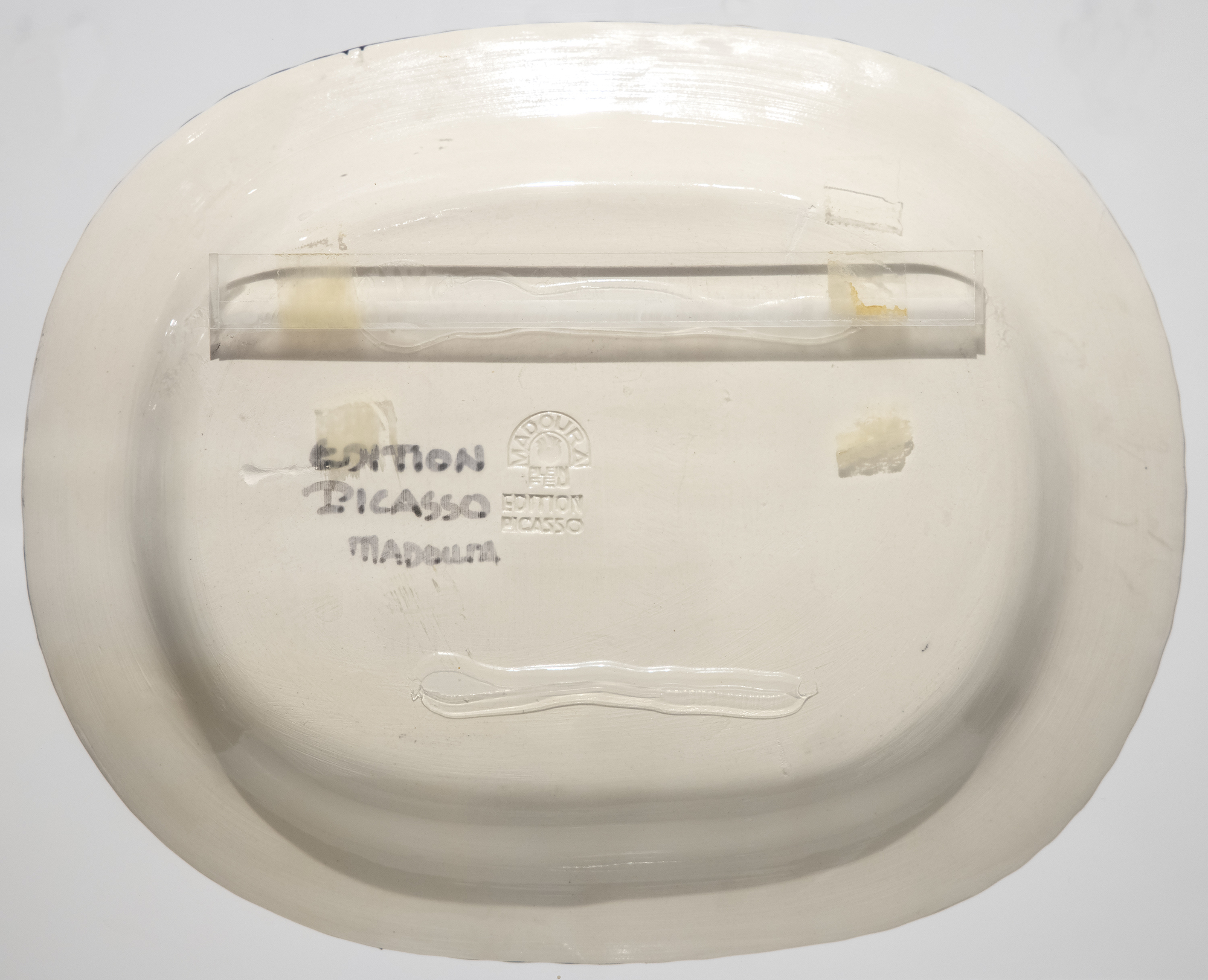PABLO PICASSO - La Danse - white eathenware ceramic plate, partially engraved, with colored engobe and glaze - 12 1/2 x 15 in.