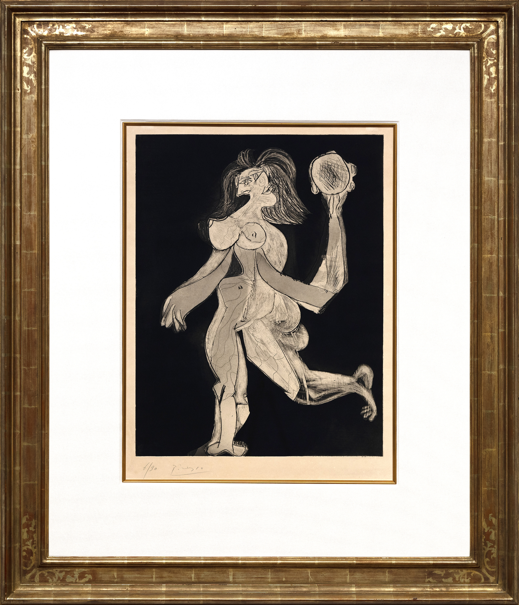 &quot;La femme au tambourin&quot; (1939) is one of Pablo Picasso’s greatest graphic works. Partially based on compositions by Degas and Poussin, the work exudes a strong Classical presence with a Modernist edge. Thought to be a depiction of Dora Maar, Picasso’s lover at the time, the print is highly coveted by institutional and private collectors. One impression from this edition is included in the permanent collection of the Museum of Modern Art, New York, and another is included in the National Gallery of Art, Washington, D.C.&lt;br&gt;&lt;br&gt;Picasso’s experimentations in printmaking began in the first decade of the 20th century and engaged him for many decades, into the 1970s. In this time, Picasso embraced multiple methods of printmaking, including lithography, etching, aquatint, and linoleum block printing. His earliest prints were, like the present work, intaglio. With La femme au tambourin, Picasso incorporated the additional medium of aquatint, which yielded a watercolor-like effect throughout the composition and an extreme range of tonal qualities. This technique in particular afforded opportunities for expression that could not be found in painting. For his experimental reach and depth of mastery, Picasso’s corpus of graphic work is among the most highly respected and coveted in the history of art, rivaling that of Rembrandt.