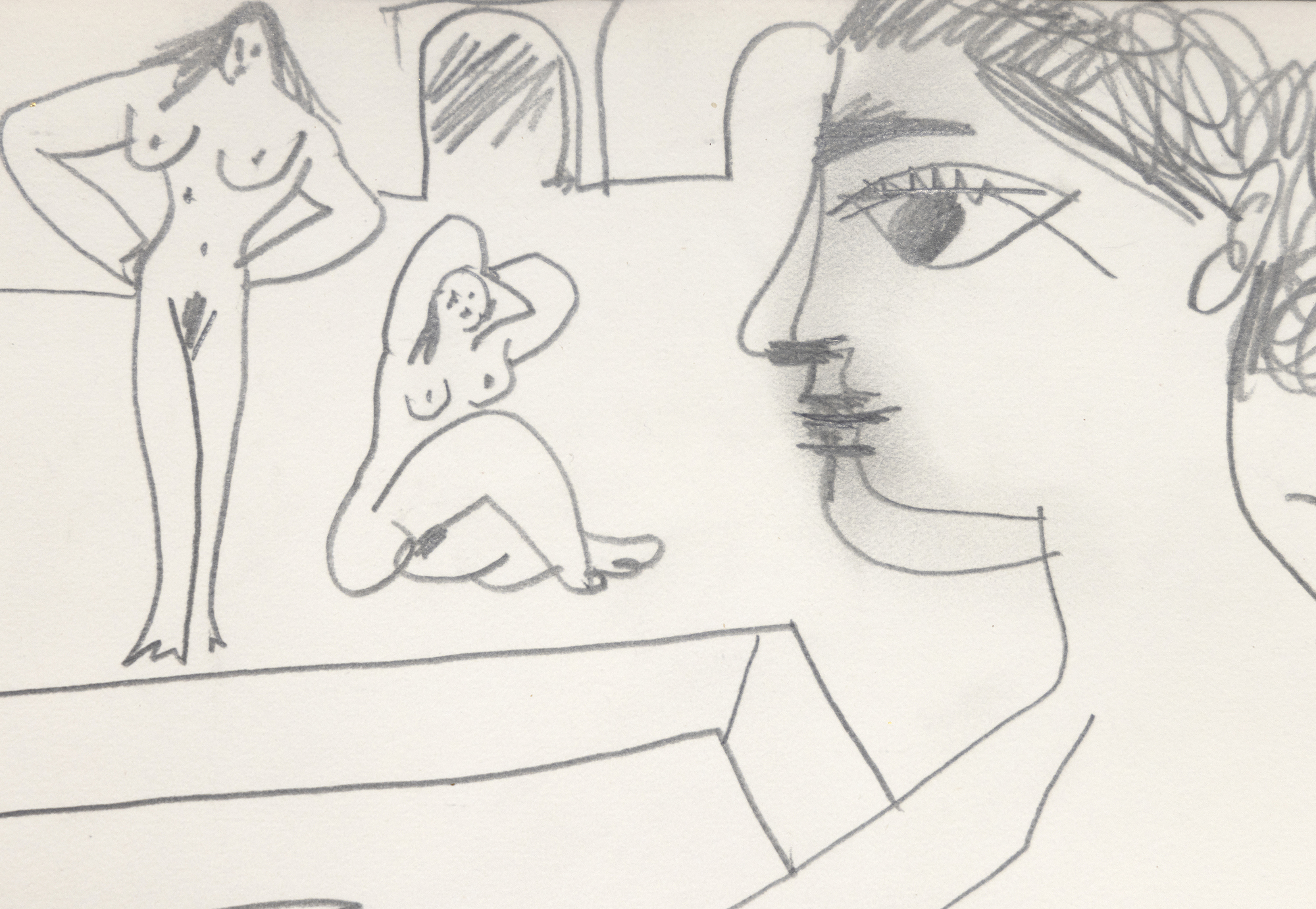 Las figuras de Nues se desarrollan libremente en torno a una figura central de odalisca de una manera que sugiere un tema que ocupaba a Picasso ya en 1906, el de las indulgencias femeninas en un entorno de harén.  Al describir sus últimos dibujos, Picasso señaló que "uno nunca sabe lo que va a salir, pero en cuanto el dibujo se pone en marcha, nace una historia o una idea... Me paso hora tras hora mientras dibujo, observando a mis criaturas y pensando en las locuras que hacen... Es muy divertido, créeme". Nues es una evocación de esa apreciación, un retozo libre como sólo Picasso puede lograr. Entre las muchas poses, la figura abreviada nadando en la piscina es especialmente encantadora.