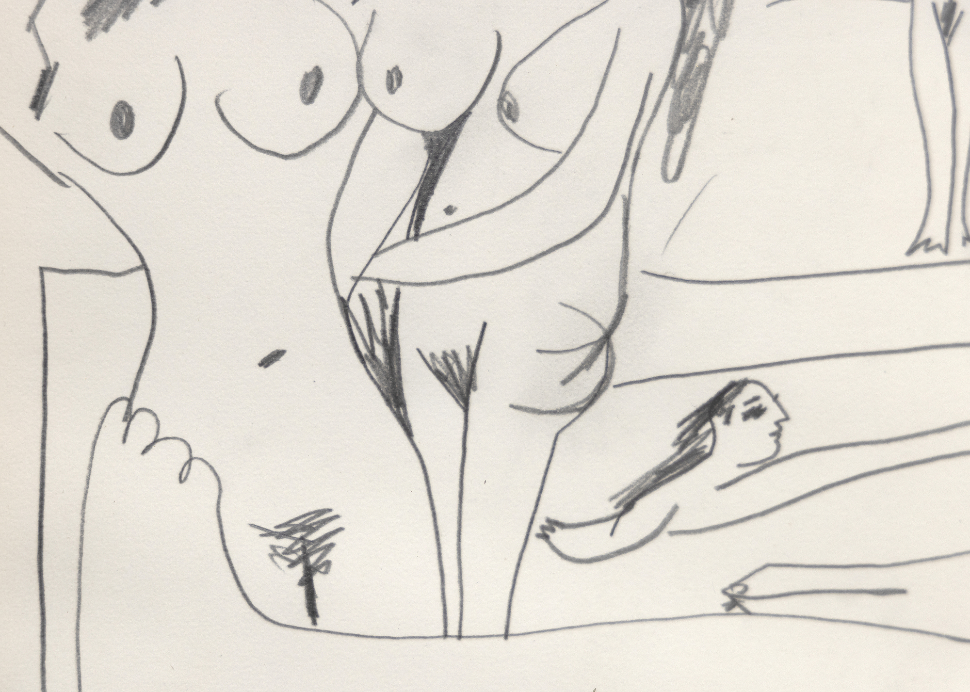 The figures of Nues are freely developed around a central odalisque figure in a manner that suggests a theme that occupied Picasso as early as 1906   that of female indulgences within a harem setting.  In describing his late drawings, Picasso noted that, “one never knows what’s going to come out, but as soon as the drawing gets underway, a story or an idea is born… I spend hour after hour while I draw, observing my creatures and thinking about the mad things they’re up to… It’s great fun, believe me.” Nues is evocative of that appraisal, a freewheeling frolic as only Picasso can achieve. Among the many poses, the abbreviated figure swimming in the pool is particularly charming.