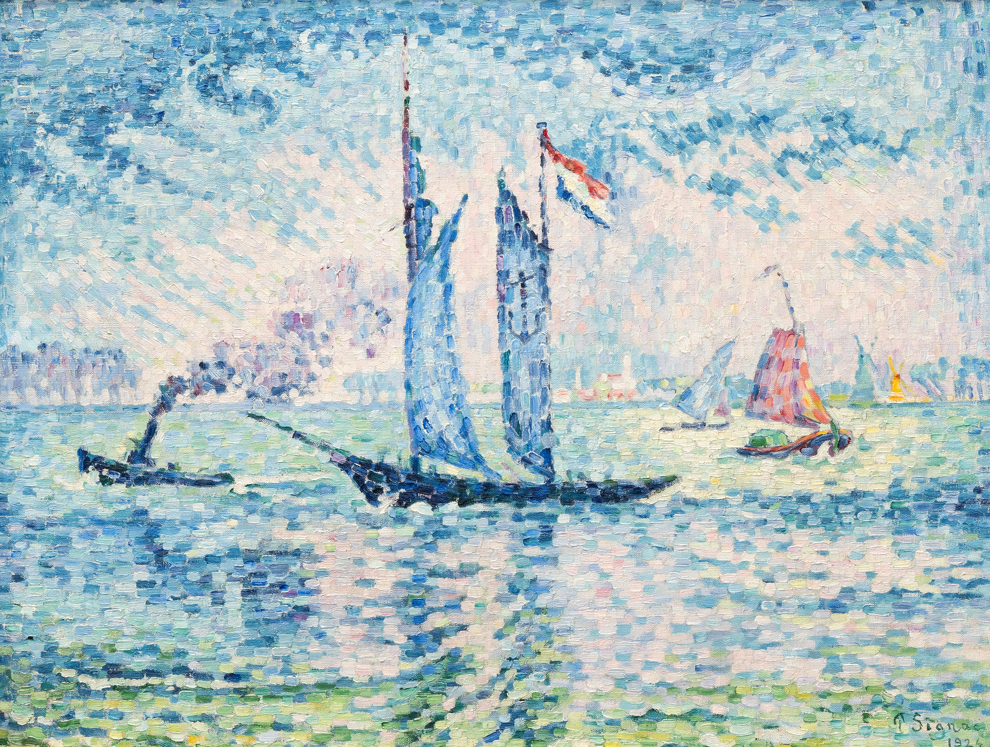 <div>Paul Signac’s "Pilote de la Meuse" (1924) is a refined late masterpiece that unites his devotion to color theory with his lifelong love of sailing. The composition is rigorously constructed around a highly structured framework of verticals and horizontals—the horizon line, the river’s surface, and the upright masts establish a sense of order and clarity. This geometry is gently softened by subtle diagonals: the angled masts, the slanted smokestack of a distant tugboat, and the wind-filled sails introduce movement and visual counterpoint without disrupting the overall balance.</div><br><br><div>&nbsp;</div><br><br><div>Executed in predominantly blue and green tones, the painting exemplifies Signac’s evolved Neo-Impressionist technique. While he and Georges Seurat pioneered pointillism as a scientific, color-theory-driven alternative to Impressionism, Signac’s later works from the 1910s and 1920s mark a decisive shift. Here, the earlier tight dots give way to broader, rectangular “mosaic strokes,” allowing color to carry greater physical presence and expressive freedom. The water in the foreground becomes a vibrant checkerboard of shifting hues, conveying turbulent weather, moving light, and wind-driven currents.</div><br><br><div>&nbsp;</div><br><br><div>A single prominent sailboat dominates the scene, accompanied by a few smaller vessels and the tugboat in the distance, whose swirling smoke animates the sky. This restrained yet dynamic marine subject reflects Signac’s deep personal connection to sailing—he owned 32 boats and traveled extensively by water.</div><br><br><div>&nbsp;</div><br><br><div>Similar maritime scenes from this mature period are held in major institutional collections, including the Minneapolis Institute of Art, The Metropolitan Museum of Art, and the Musée d’Orsay, underscoring the significance of this composition within Signac’s final artistic phase.</div><br><br><div>&nbsp;</div><br><br><div>The painting is accompanied by exceptional archival material: nine typed onion skins by Edmond Sussfeld; three autograph letters signed by Paul Signac; two autograph letters and the original invoice from the merchant Léon Marseille; and a certificate of authenticity from Mrs. Marina Ferretti-Bocquillon, providing outstanding historical context and provenance.</div>