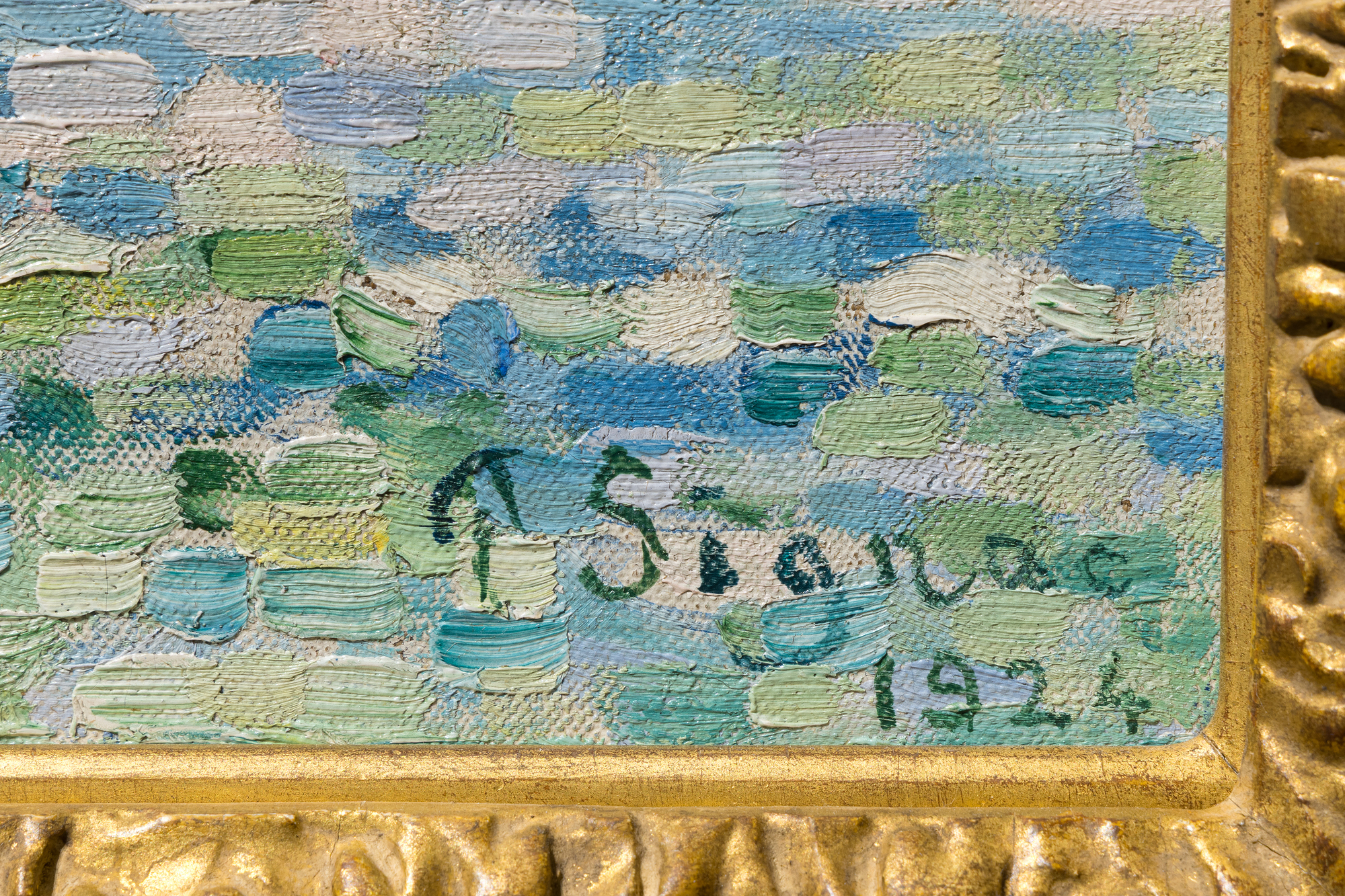 <div>Paul Signac’s "Pilote de la Meuse" (1924) is a refined late masterpiece that unites his devotion to color theory with his lifelong love of sailing. The composition is rigorously constructed around a highly structured framework of verticals and horizontals—the horizon line, the river’s surface, and the upright masts establish a sense of order and clarity. This geometry is gently softened by subtle diagonals: the angled masts, the slanted smokestack of a distant tugboat, and the wind-filled sails introduce movement and visual counterpoint without disrupting the overall balance.</div><br><br><div>&nbsp;</div><br><br><div>Executed in predominantly blue and green tones, the painting exemplifies Signac’s evolved Neo-Impressionist technique. While he and Georges Seurat pioneered pointillism as a scientific, color-theory-driven alternative to Impressionism, Signac’s later works from the 1910s and 1920s mark a decisive shift. Here, the earlier tight dots give way to broader, rectangular “mosaic strokes,” allowing color to carry greater physical presence and expressive freedom. The water in the foreground becomes a vibrant checkerboard of shifting hues, conveying turbulent weather, moving light, and wind-driven currents.</div><br><br><div>&nbsp;</div><br><br><div>A single prominent sailboat dominates the scene, accompanied by a few smaller vessels and the tugboat in the distance, whose swirling smoke animates the sky. This restrained yet dynamic marine subject reflects Signac’s deep personal connection to sailing—he owned 32 boats and traveled extensively by water.</div><br><br><div>&nbsp;</div><br><br><div>Similar maritime scenes from this mature period are held in major institutional collections, including the Minneapolis Institute of Art, The Metropolitan Museum of Art, and the Musée d’Orsay, underscoring the significance of this composition within Signac’s final artistic phase.</div><br><br><div>&nbsp;</div><br><br><div>The painting is accompanied by exceptional archival material: nine typed onion skins by Edmond Sussfeld; three autograph letters signed by Paul Signac; two autograph letters and the original invoice from the merchant Léon Marseille; and a certificate of authenticity from Mrs. Marina Ferretti-Bocquillon, providing outstanding historical context and provenance.</div>