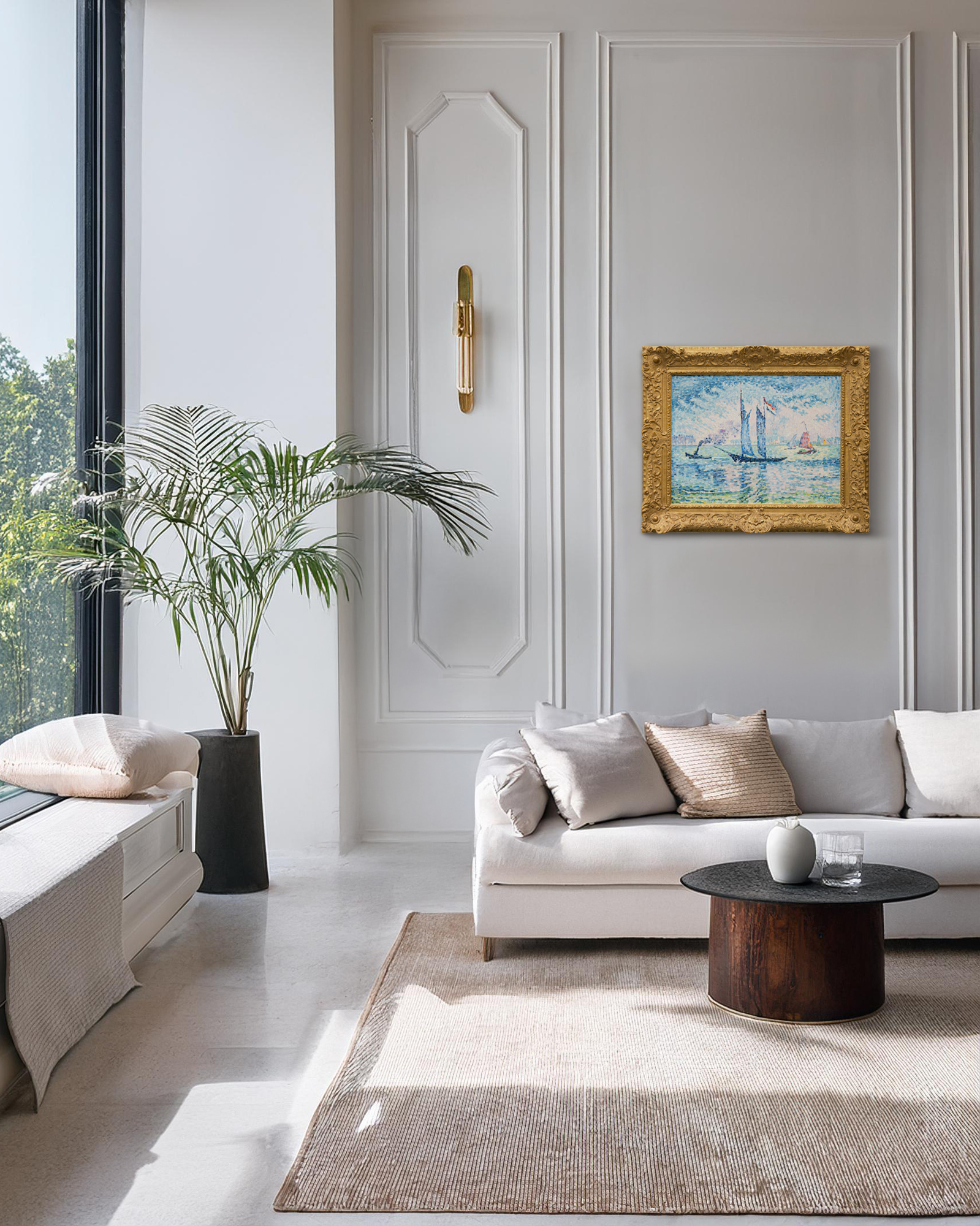 <div>Paul Signac’s "Pilote de la Meuse" (1924) is a refined late masterpiece that unites his devotion to color theory with his lifelong love of sailing. The composition is rigorously constructed around a highly structured framework of verticals and horizontals—the horizon line, the river’s surface, and the upright masts establish a sense of order and clarity. This geometry is gently softened by subtle diagonals: the angled masts, the slanted smokestack of a distant tugboat, and the wind-filled sails introduce movement and visual counterpoint without disrupting the overall balance.</div><br><br><div>&nbsp;</div><br><br><div>Executed in predominantly blue and green tones, the painting exemplifies Signac’s evolved Neo-Impressionist technique. While he and Georges Seurat pioneered pointillism as a scientific, color-theory-driven alternative to Impressionism, Signac’s later works from the 1910s and 1920s mark a decisive shift. Here, the earlier tight dots give way to broader, rectangular “mosaic strokes,” allowing color to carry greater physical presence and expressive freedom. The water in the foreground becomes a vibrant checkerboard of shifting hues, conveying turbulent weather, moving light, and wind-driven currents.</div><br><br><div>&nbsp;</div><br><br><div>A single prominent sailboat dominates the scene, accompanied by a few smaller vessels and the tugboat in the distance, whose swirling smoke animates the sky. This restrained yet dynamic marine subject reflects Signac’s deep personal connection to sailing—he owned 32 boats and traveled extensively by water.</div><br><br><div>&nbsp;</div><br><br><div>Similar maritime scenes from this mature period are held in major institutional collections, including the Minneapolis Institute of Art, The Metropolitan Museum of Art, and the Musée d’Orsay, underscoring the significance of this composition within Signac’s final artistic phase.</div><br><br><div>&nbsp;</div><br><br><div>The painting is accompanied by exceptional archival material: nine typed onion skins by Edmond Sussfeld; three autograph letters signed by Paul Signac; two autograph letters and the original invoice from the merchant Léon Marseille; and a certificate of authenticity from Mrs. Marina Ferretti-Bocquillon, providing outstanding historical context and provenance.</div>