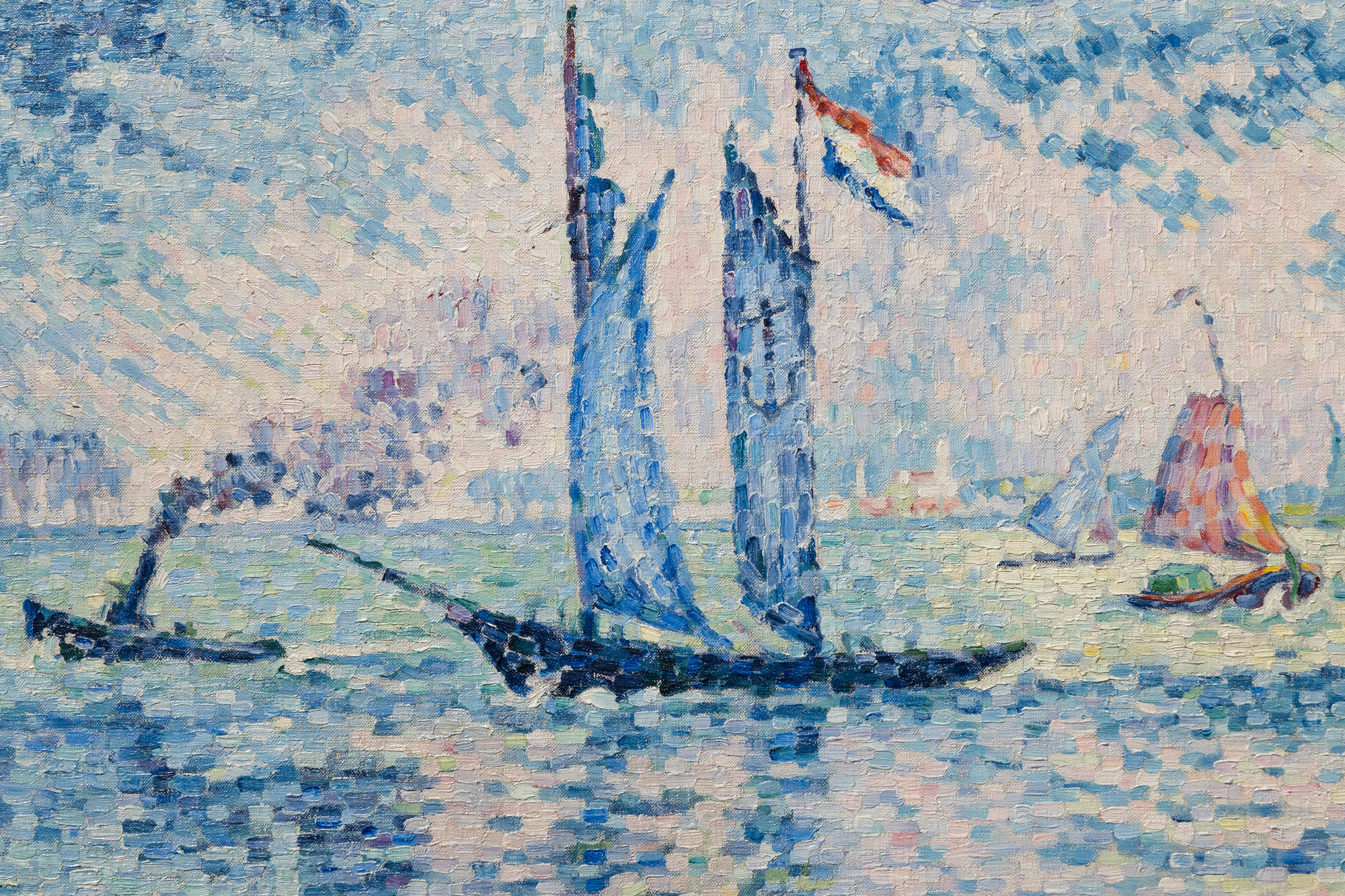 <div>Paul Signac’s "Pilote de la Meuse" (1924) is a refined late masterpiece that unites his devotion to color theory with his lifelong love of sailing. The composition is rigorously constructed around a highly structured framework of verticals and horizontals—the horizon line, the river’s surface, and the upright masts establish a sense of order and clarity. This geometry is gently softened by subtle diagonals: the angled masts, the slanted smokestack of a distant tugboat, and the wind-filled sails introduce movement and visual counterpoint without disrupting the overall balance.</div><br><br><div>&nbsp;</div><br><br><div>Executed in predominantly blue and green tones, the painting exemplifies Signac’s evolved Neo-Impressionist technique. While he and Georges Seurat pioneered pointillism as a scientific, color-theory-driven alternative to Impressionism, Signac’s later works from the 1910s and 1920s mark a decisive shift. Here, the earlier tight dots give way to broader, rectangular “mosaic strokes,” allowing color to carry greater physical presence and expressive freedom. The water in the foreground becomes a vibrant checkerboard of shifting hues, conveying turbulent weather, moving light, and wind-driven currents.</div><br><br><div>&nbsp;</div><br><br><div>A single prominent sailboat dominates the scene, accompanied by a few smaller vessels and the tugboat in the distance, whose swirling smoke animates the sky. This restrained yet dynamic marine subject reflects Signac’s deep personal connection to sailing—he owned 32 boats and traveled extensively by water.</div><br><br><div>&nbsp;</div><br><br><div>Similar maritime scenes from this mature period are held in major institutional collections, including the Minneapolis Institute of Art, The Metropolitan Museum of Art, and the Musée d’Orsay, underscoring the significance of this composition within Signac’s final artistic phase.</div><br><br><div>&nbsp;</div><br><br><div>The painting is accompanied by exceptional archival material: nine typed onion skins by Edmond Sussfeld; three autograph letters signed by Paul Signac; two autograph letters and the original invoice from the merchant Léon Marseille; and a certificate of authenticity from Mrs. Marina Ferretti-Bocquillon, providing outstanding historical context and provenance.</div>