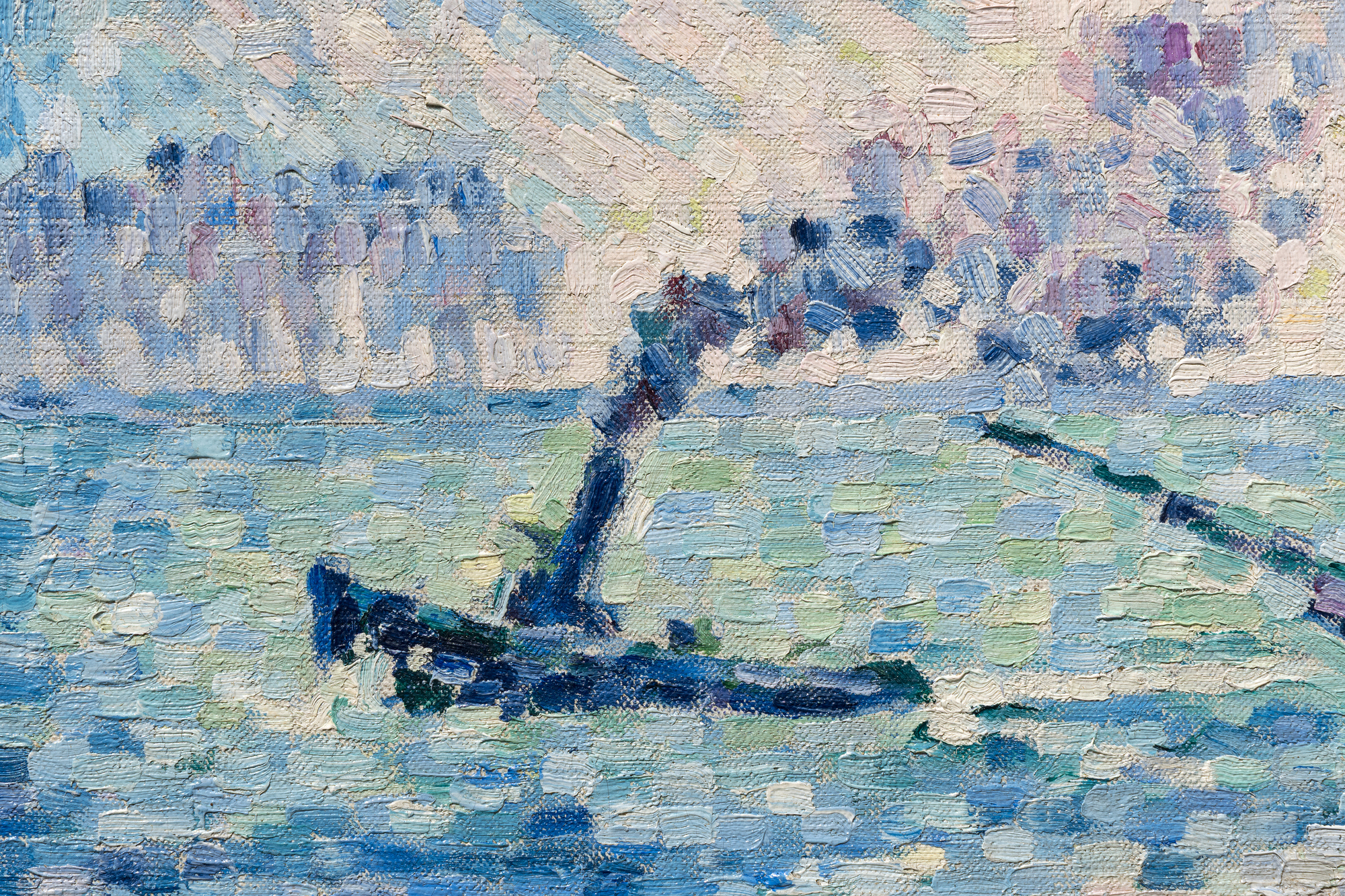 <div>Paul Signac’s "Pilote de la Meuse" (1924) is a refined late masterpiece that unites his devotion to color theory with his lifelong love of sailing. The composition is rigorously constructed around a highly structured framework of verticals and horizontals—the horizon line, the river’s surface, and the upright masts establish a sense of order and clarity. This geometry is gently softened by subtle diagonals: the angled masts, the slanted smokestack of a distant tugboat, and the wind-filled sails introduce movement and visual counterpoint without disrupting the overall balance.</div><br><br><div>&nbsp;</div><br><br><div>Executed in predominantly blue and green tones, the painting exemplifies Signac’s evolved Neo-Impressionist technique. While he and Georges Seurat pioneered pointillism as a scientific, color-theory-driven alternative to Impressionism, Signac’s later works from the 1910s and 1920s mark a decisive shift. Here, the earlier tight dots give way to broader, rectangular “mosaic strokes,” allowing color to carry greater physical presence and expressive freedom. The water in the foreground becomes a vibrant checkerboard of shifting hues, conveying turbulent weather, moving light, and wind-driven currents.</div><br><br><div>&nbsp;</div><br><br><div>A single prominent sailboat dominates the scene, accompanied by a few smaller vessels and the tugboat in the distance, whose swirling smoke animates the sky. This restrained yet dynamic marine subject reflects Signac’s deep personal connection to sailing—he owned 32 boats and traveled extensively by water.</div><br><br><div>&nbsp;</div><br><br><div>Similar maritime scenes from this mature period are held in major institutional collections, including the Minneapolis Institute of Art, The Metropolitan Museum of Art, and the Musée d’Orsay, underscoring the significance of this composition within Signac’s final artistic phase.</div><br><br><div>&nbsp;</div><br><br><div>The painting is accompanied by exceptional archival material: nine typed onion skins by Edmond Sussfeld; three autograph letters signed by Paul Signac; two autograph letters and the original invoice from the merchant Léon Marseille; and a certificate of authenticity from Mrs. Marina Ferretti-Bocquillon, providing outstanding historical context and provenance.</div>
