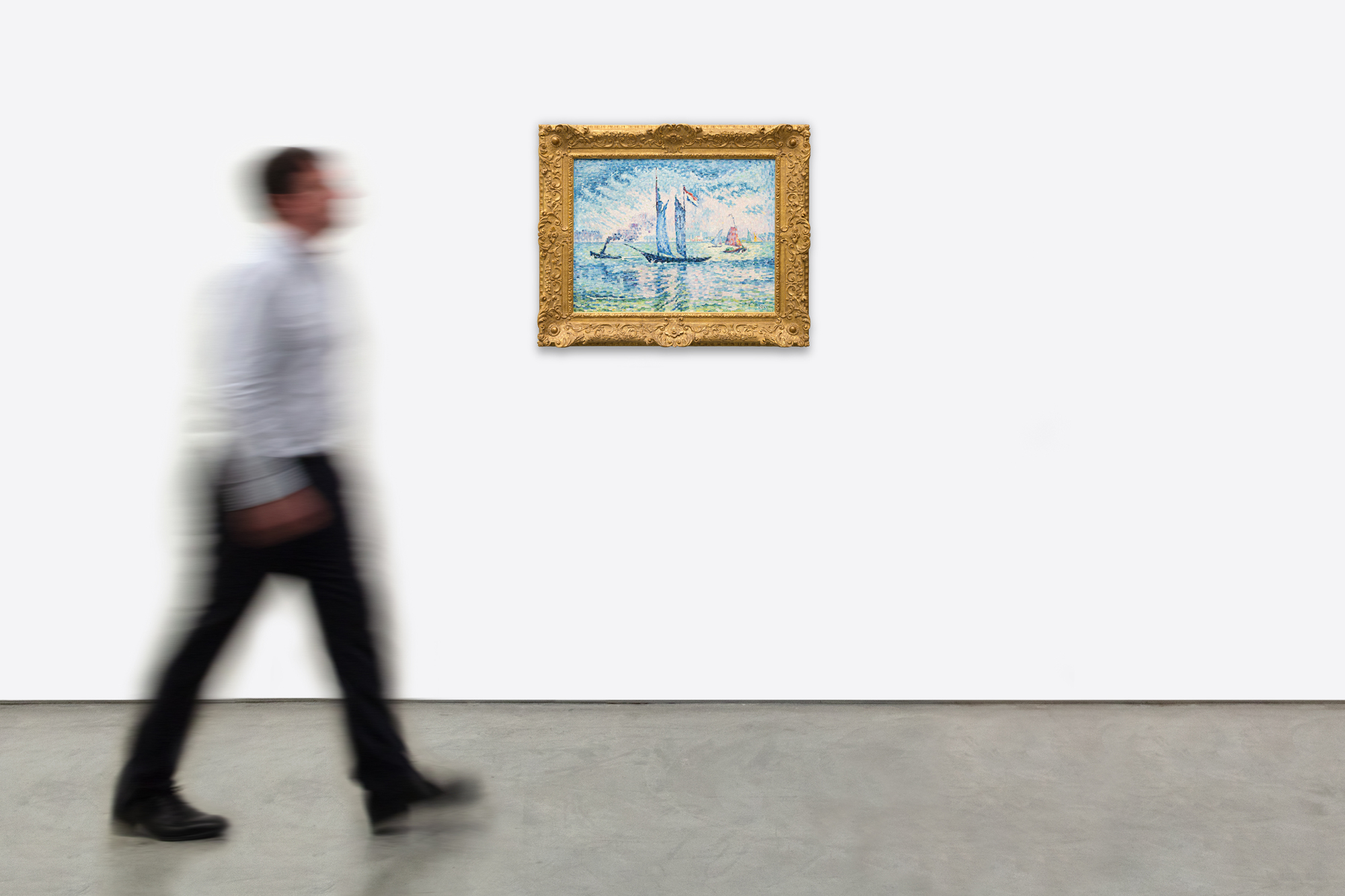 <div>Paul Signac’s "Pilote de la Meuse" (1924) is a refined late masterpiece that unites his devotion to color theory with his lifelong love of sailing. The composition is rigorously constructed around a highly structured framework of verticals and horizontals—the horizon line, the river’s surface, and the upright masts establish a sense of order and clarity. This geometry is gently softened by subtle diagonals: the angled masts, the slanted smokestack of a distant tugboat, and the wind-filled sails introduce movement and visual counterpoint without disrupting the overall balance.</div><br><br><div>&nbsp;</div><br><br><div>Executed in predominantly blue and green tones, the painting exemplifies Signac’s evolved Neo-Impressionist technique. While he and Georges Seurat pioneered pointillism as a scientific, color-theory-driven alternative to Impressionism, Signac’s later works from the 1910s and 1920s mark a decisive shift. Here, the earlier tight dots give way to broader, rectangular “mosaic strokes,” allowing color to carry greater physical presence and expressive freedom. The water in the foreground becomes a vibrant checkerboard of shifting hues, conveying turbulent weather, moving light, and wind-driven currents.</div><br><br><div>&nbsp;</div><br><br><div>A single prominent sailboat dominates the scene, accompanied by a few smaller vessels and the tugboat in the distance, whose swirling smoke animates the sky. This restrained yet dynamic marine subject reflects Signac’s deep personal connection to sailing—he owned 32 boats and traveled extensively by water.</div><br><br><div>&nbsp;</div><br><br><div>Similar maritime scenes from this mature period are held in major institutional collections, including the Minneapolis Institute of Art, The Metropolitan Museum of Art, and the Musée d’Orsay, underscoring the significance of this composition within Signac’s final artistic phase.</div><br><br><div>&nbsp;</div><br><br><div>The painting is accompanied by exceptional archival material: nine typed onion skins by Edmond Sussfeld; three autograph letters signed by Paul Signac; two autograph letters and the original invoice from the merchant Léon Marseille; and a certificate of authenticity from Mrs. Marina Ferretti-Bocquillon, providing outstanding historical context and provenance.</div>