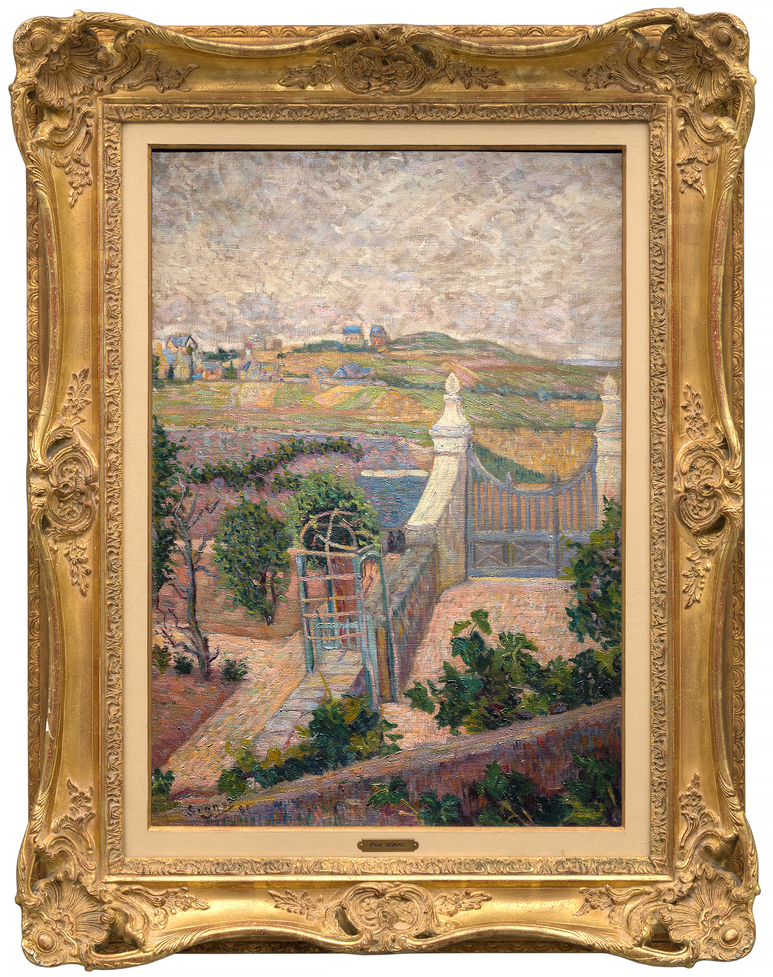 PAUL SIGNAC - Saint-Briac. D'une fenetre <div><font face=Lato size=3 color=black>Paul Signac’s <em>Saint-Briac. D’une fenêtre</em> (1885) captures the quiet beauty of the Breton landscape at a pivotal moment in the artist’s evolution from Impressionism to Neo-Impressionism. Painted during one of his frequent stays in Saint-Briac-sur-Mer, a coastal village in Brittany, this work reflects Signac’s early fascination with the play of light, color, and atmosphere before his full embrace of Divisionist technique. The composition, framed as if viewed from a window, balances structured geometry with painterly spontaneity, suggesting the artist’s growing concern with order and harmony in nature.</font></div>
<br>
<br><div> </div>
<br>
<br><div><font face=Lato size=3 color=black>The work once belonged to the French composer and conductor Jules Rivière and has been discussed in major art historical texts, including <em>Connaissance des Arts</em> (1956), Sophie Monneret’s <em>L’Impressionisme et son époque</em> (1980), and Françoise Cachin’s <em>Signac: Catalogue raisonné de l’oeuvre peint</em> (2000), where it is illustrated as entry no. 102. Comparable examples from the same Saint-Briac series are housed in the Metropolitan Museum of Art, the Art Institute of Chicago, and the Carnegie Museum of Art. Collectively, these works reveal Signac’s transition toward the structured luminosity that would soon define Neo-Impressionism and secure his place among the leading innovators of modern painting.</font></div>