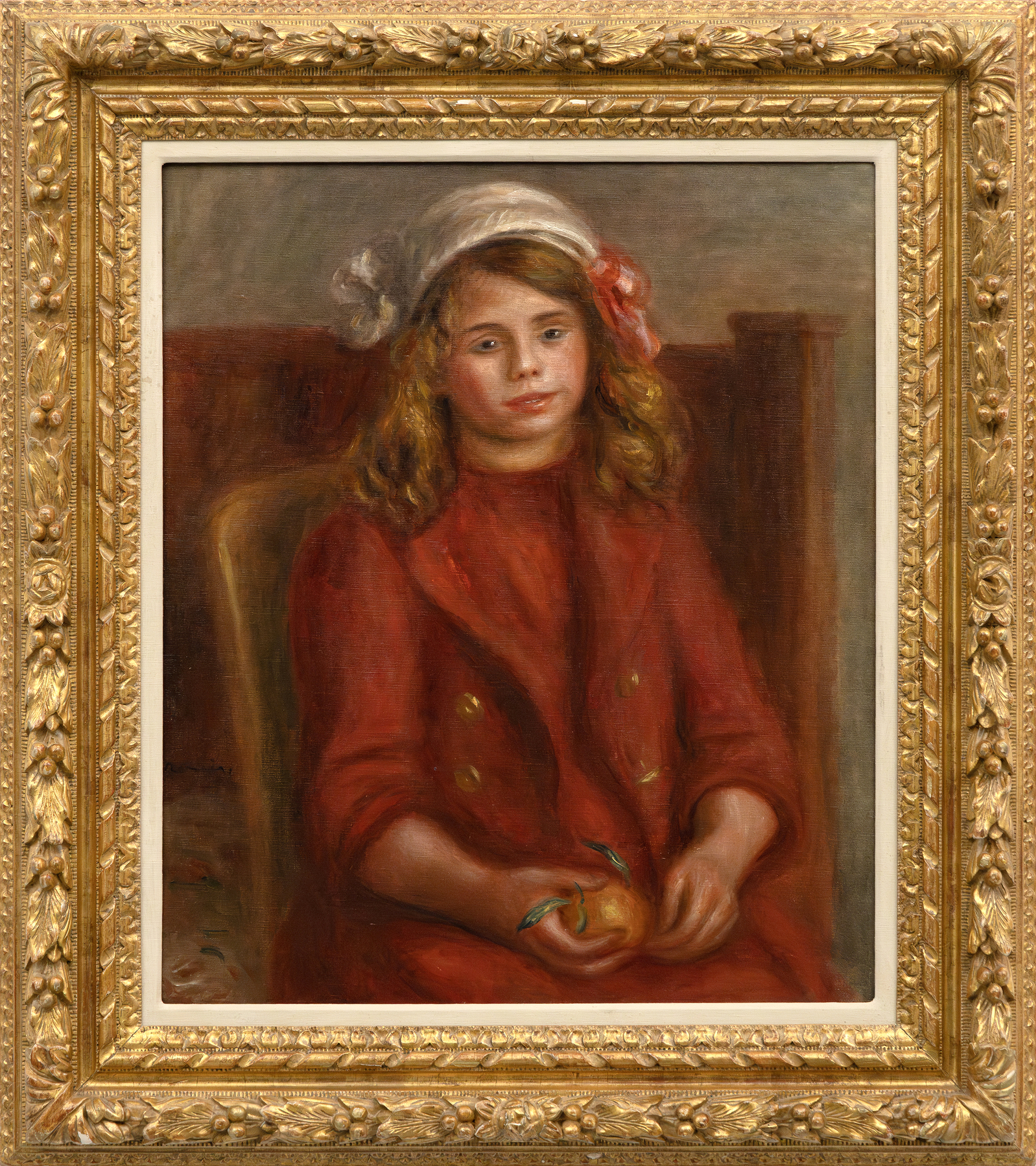 <div><font face=Lato size=3 color=black>From the earliest days of painting during the nineteenth century, which was precipitated by the advent of Impressionism, Renoir established a reputation as the finest portrait painter among the emerging landscapists. Works such as Lise with a Parasol (1867) demonstrated his ability to capture the essence of his subjects with a distinctive flair, setting him apart from his peers. Inspired by a transformative trip to Italy in 1882, Renoir shifted his approach, emphasizing modeling and contours with smooth, blended handling, integrating a new found rigor and clarity reminiscent of the old masters. Often referred to as Renoir’s “Ingres period,” he retained the reputation of the painter best suited to manage the traditional process of recording a sitter's likeness with the distinctive flair and vibrancy of an Impressionist. </font></div>
<br>
<br><div><font face=Lato size=3> </font></div>
<br>
<br><div><font face=Lato size=3 color=black>By 1890, Renoir’s style evolved again. He thinned his pigments to achieve a jewel-like translucence, infusing his works with a tender, ethereal quality. This final phase reflects the physical limitations of encroaching rheumatoid arthritis but also a deeper, more reflective approach to his subjects, capturing their inner light and character with subtle, luminous strokes. </font></div>
<br>
<br><div><font face=Lato size=3> </font></div>
<br>
<br><div><font face=Lato size=3 color=black>No longer obliged to rely upon society portrait commissions, by 1900, Renoir began to focus on portraits and studies of family, close friends, and neighbors. “Fillette à l’orange”, painted in 1911, extends our appreciation of his very personal, intimate style and reputation for imbuing his portraits of children with all the affectionate charm he could muster. It avoids the softer, generalized approach that prompted his son Jean’s remark that “we are all Renoir’s children, ”idealized versions of beauty and sensuality expressed in universal rather than with physiognomic specifics. We may never know her identity, but her likeness is vivid because Renoir concentrates on her face and expression. Nevertheless, the interplay of light and color highlights her features and brings to life the tender and affectionate nature characteristic of Renoir’s later portraits. An orange as an accessory is often included in portraiture as a symbol of fertility. Yet, here, it seems to serve as a formal element for the artist to demonstrate his skill at displaying its size, shape, and heft in this young girl's hand.</font></div>