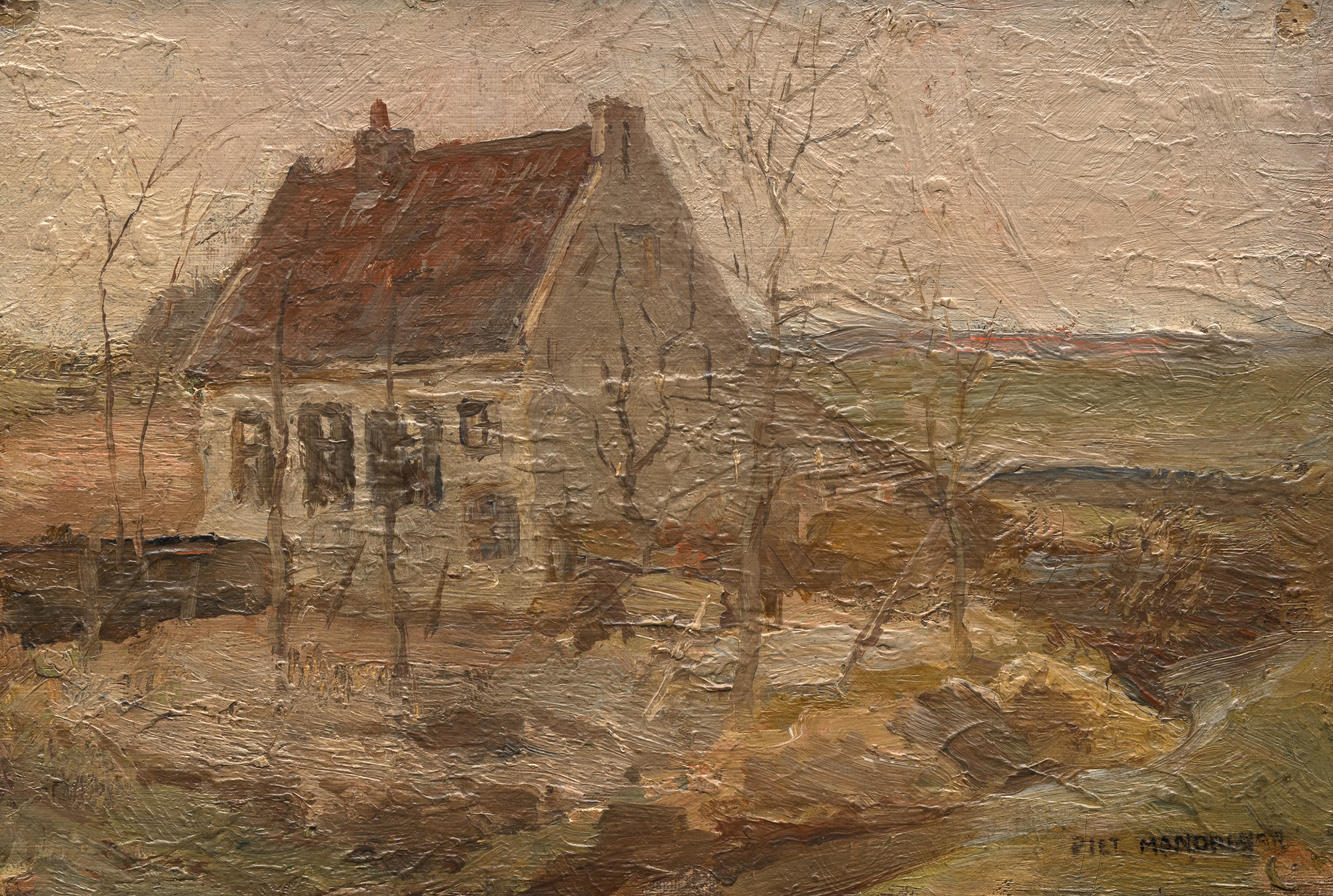 <div>"House in the Countryside," a rare early oil on canvas by Piet Mondrian circa 1898, offers a window into the artist’s pre-abstraction period, likely executed "en plein air." This intimate painting, one of approximately 47 works from this phase across various media, showcases Mondrian’s early dedication to capturing the essence of place. The composition features a modest house set within the landscape, rendered with soft, earthy tones and a delicate interplay of light and shadow, reflecting his youthful passion for naturalistic depiction. Unlike his later abstract works, which began after he turned 40 following the 1911 Picasso exhibition that inspired his Cubist turn, these early pieces reveal a confident realism that laid the groundwork for his iconic style. </div>
<br>
<br><div> </div>
<br>
<br><div>The works from this period, prior to Mondrian’s shift toward coastal scenes, boats, and floral subjects, highlight his penchant for landscape, a theme that subtly persisted in his later abstractions, particularly those inspired by the grid-like layout of New York City, such as "Broadway Boogie Woogie" (1942-43) and “New York City I” (1942). With early landscapes offering a more accessible price point yet holding immense academic importance, they attract museums and savvy, thoughtful collectors. Comparable works reside in The Metropolitan Museum of Art, The Cleveland Museum of Art, and The Art Institute of Chicago.  This piece stands as a rare testament to Mondrian’s evolving genius and the foundational role of landscape in his oeuvre. The painting’s most recent owner is Nicholas Fox Weber, the distinguished art historian, scholar, and president of the Josef Albers Foundation. </div>