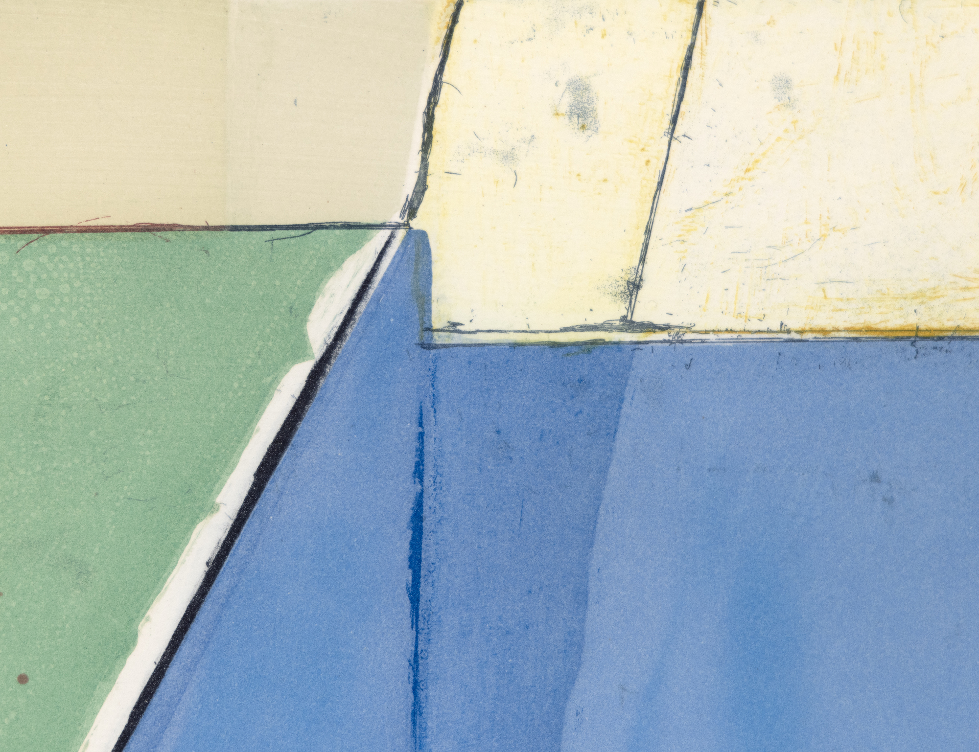 Diebenkorns Ocean Park-Serie erinnert an die delikate Balance von Licht und Farbe, die durchdachte Komposition und die subtile Integration von Landschaftselementen, die alle das Küstenambiente seines Ateliers in Santa Monica simulieren. Anfang der 1990er Jahre griff Diebenkorn die Themen und das ästhetische Empfinden der Ocean Park-Serie wieder auf, indem er verschiedene Drucktechniken einsetzte, um seine Erkundung der abstrakten Sprache, die er in seinen Gemälden entwickelt hatte, zu erweitern. &quot;High Green, Version I&quot; ist ein Beispiel für dieses Streben. Es zeigt die kompositorischen Strategien, die Farbpalette und die räumlichen Aspekte, die für die Ocean Park-Serie charakteristisch sind, und demonstriert gleichzeitig die einzigartigen Möglichkeiten der Druckgrafik, diese Elemente neu zu interpretieren.