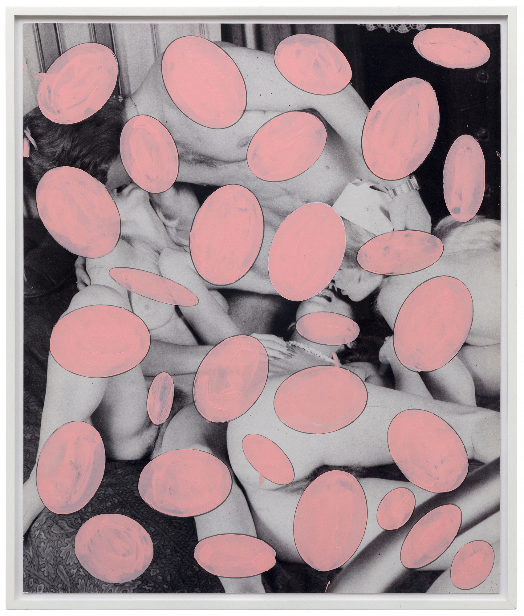 <div><font face=Calibri size=3 color=black>Richard Prince's "<em>Untitled</em>" from 2009 is a provocative and multilayered piece that engages with the themes of censorship, appropriation, and the boundaries of art. Prince uses a photographic montage of naked, intertwined bodies—imagery that evokes the explicit nature of an orgy and obscures its tawdry nature with a pattern of pink, egg-shaped acrylic elements covering much of the underlying image. The placement of these shapes is seemingly arbitrary, yet they play a crucial role in how the viewer perceives the piece. This obscuring overlay can be interpreted as a visual metaphor for censorship, alluding to how society imposes restrictions on what is deemed acceptable for public consumption. By covering parts of the bodies, Prince draws attention to the act of censorship itself rather than merely the content being censored. The viewer is left to imagine what lies beneath, heightening the sense of curiosity and the taboo.</font></div>
<br>
<br><div> </div>
<br>
<br><div><font face=Calibri size=3 color=black>Prince's work often critiques mass media and the commercialization of culture, and this piece is no exception. By altering found images, he questions the ownership and authorship of visual culture. The "censorship" elements in this work might also reference the commodification of sex and how the media sanitizes or obscures the raw, human aspects of such imagery to make it more palatable for the public.</font></div>
<br>
<br><div> </div>
<br>
<br><div><font face=Calibri size=3 color=black>In "<em>Untitled</em>," Prince challenges viewers to confront their perceptions of morality, art, and the power dynamics inherent in censorship. The work serves as a commentary on how images are manipulated and controlled in society, pushing the boundaries of what is considered art and what is considered obscene. Through this layered approach, Prince continues his exploration of the intersections between art, culture, and societal norms.</font></div>