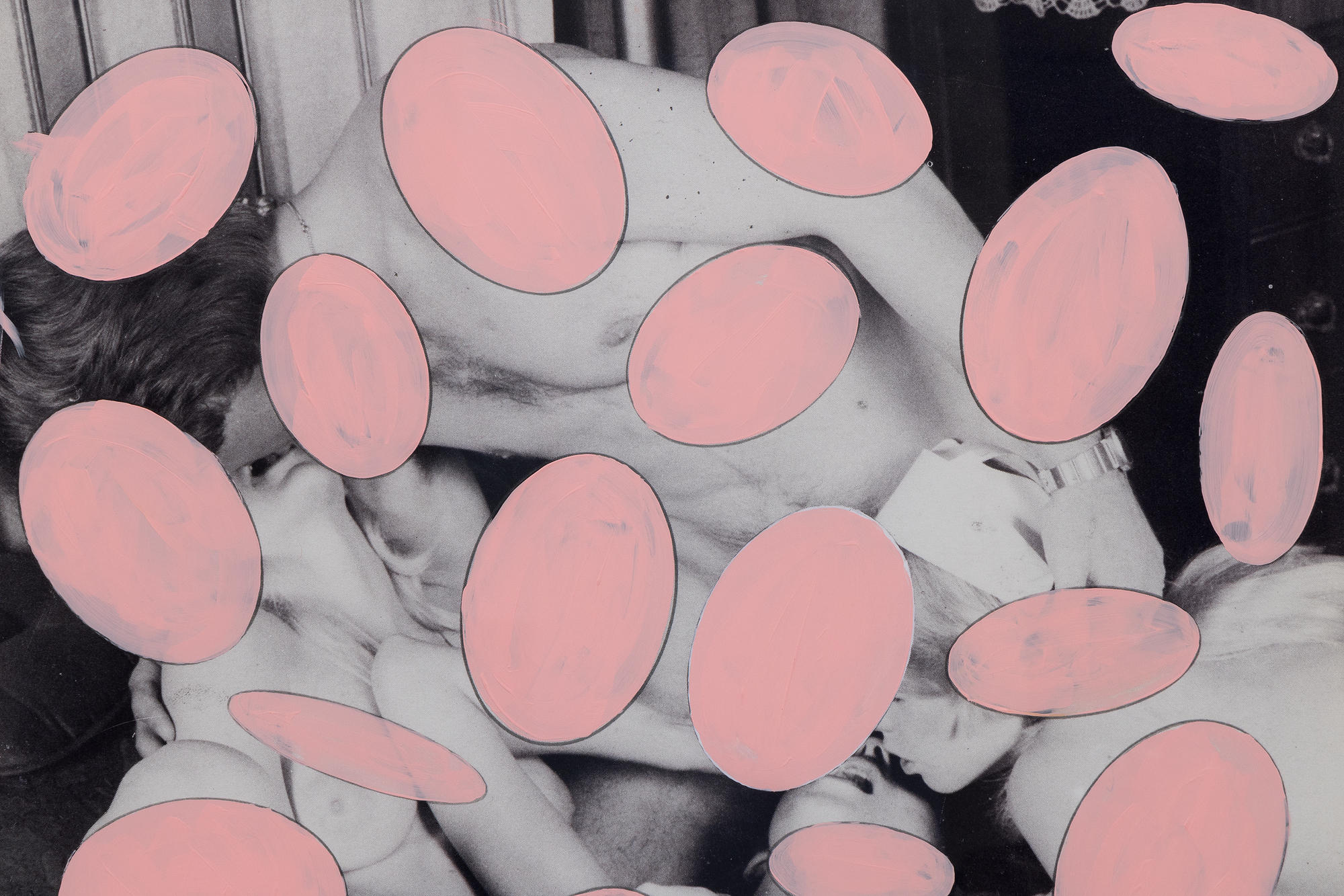 <div><font face=Calibri size=3 color=black>Richard Prince's "<em>Untitled</em>" from 2009 is a provocative and multilayered piece that engages with the themes of censorship, appropriation, and the boundaries of art. Prince uses a photographic montage of naked, intertwined bodies—imagery that evokes the explicit nature of an orgy and obscures its tawdry nature with a pattern of pink, egg-shaped acrylic elements covering much of the underlying image. The placement of these shapes is seemingly arbitrary, yet they play a crucial role in how the viewer perceives the piece. This obscuring overlay can be interpreted as a visual metaphor for censorship, alluding to how society imposes restrictions on what is deemed acceptable for public consumption. By covering parts of the bodies, Prince draws attention to the act of censorship itself rather than merely the content being censored. The viewer is left to imagine what lies beneath, heightening the sense of curiosity and the taboo.</font></div>
<br>
<br><div> </div>
<br>
<br><div><font face=Calibri size=3 color=black>Prince's work often critiques mass media and the commercialization of culture, and this piece is no exception. By altering found images, he questions the ownership and authorship of visual culture. The "censorship" elements in this work might also reference the commodification of sex and how the media sanitizes or obscures the raw, human aspects of such imagery to make it more palatable for the public.</font></div>
<br>
<br><div> </div>
<br>
<br><div><font face=Calibri size=3 color=black>In "<em>Untitled</em>," Prince challenges viewers to confront their perceptions of morality, art, and the power dynamics inherent in censorship. The work serves as a commentary on how images are manipulated and controlled in society, pushing the boundaries of what is considered art and what is considered obscene. Through this layered approach, Prince continues his exploration of the intersections between art, culture, and societal norms.</font></div>