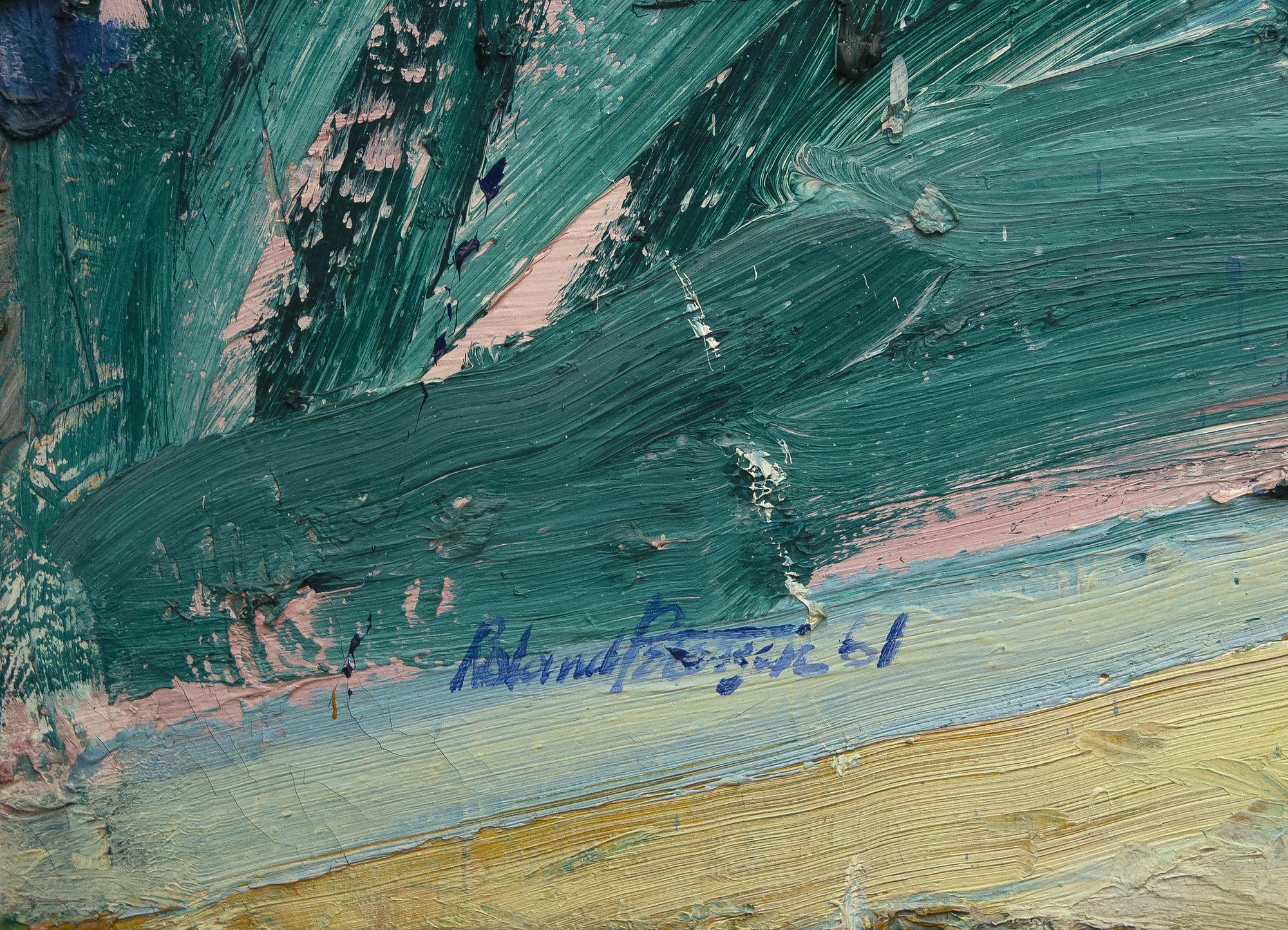 ベイエリアのアーティスト、ローランド・ピーターセンのランチョンは、1961年のキャンバスに油彩を描いた、彼の最も有名なピクニックシリーズの重要な年です。この時代からの彼の作品は、濃厚なインパストと豊かな色彩が特徴です。ハンス・ホフマンとの研究に深い影響を受け、ピーターセンは抽象化を試み、ここでは抽象的で比喩的なスタイルをブレンドしました。ピーターセンが35歳の時に描かれたランチョンは、1962年にニューヨークのシュペンプフリ・ギャラリーでの完売したワンマン・ショー、ロサンゼルスのエステル・ロブレスでの個展、グッゲンハイム・フェローシップなど、その時間内に位置しています。パリで勉強する