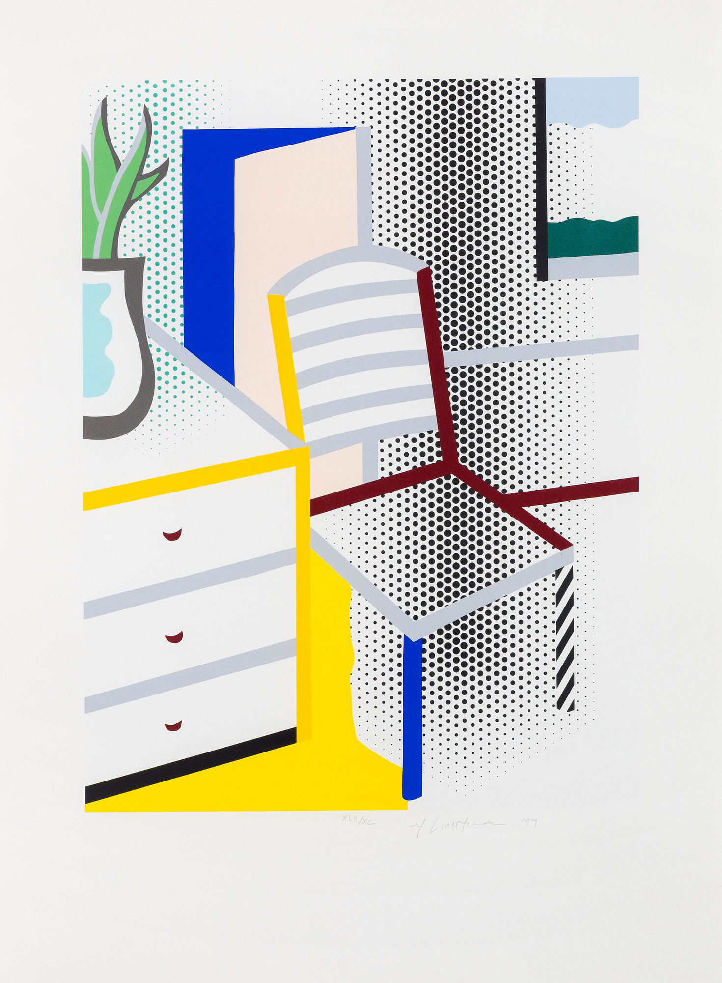 ROY LICHTENSTEIN - Interior with Chair, from the Leo Castelli 90th Birthday Portfolio ROY LICHTENSTEIN - Interior with Chair, from the Leo Castelli 90th Birthday Portfolio - screenprint in colors on Somerset paper - 27 x 20 1/2 in.