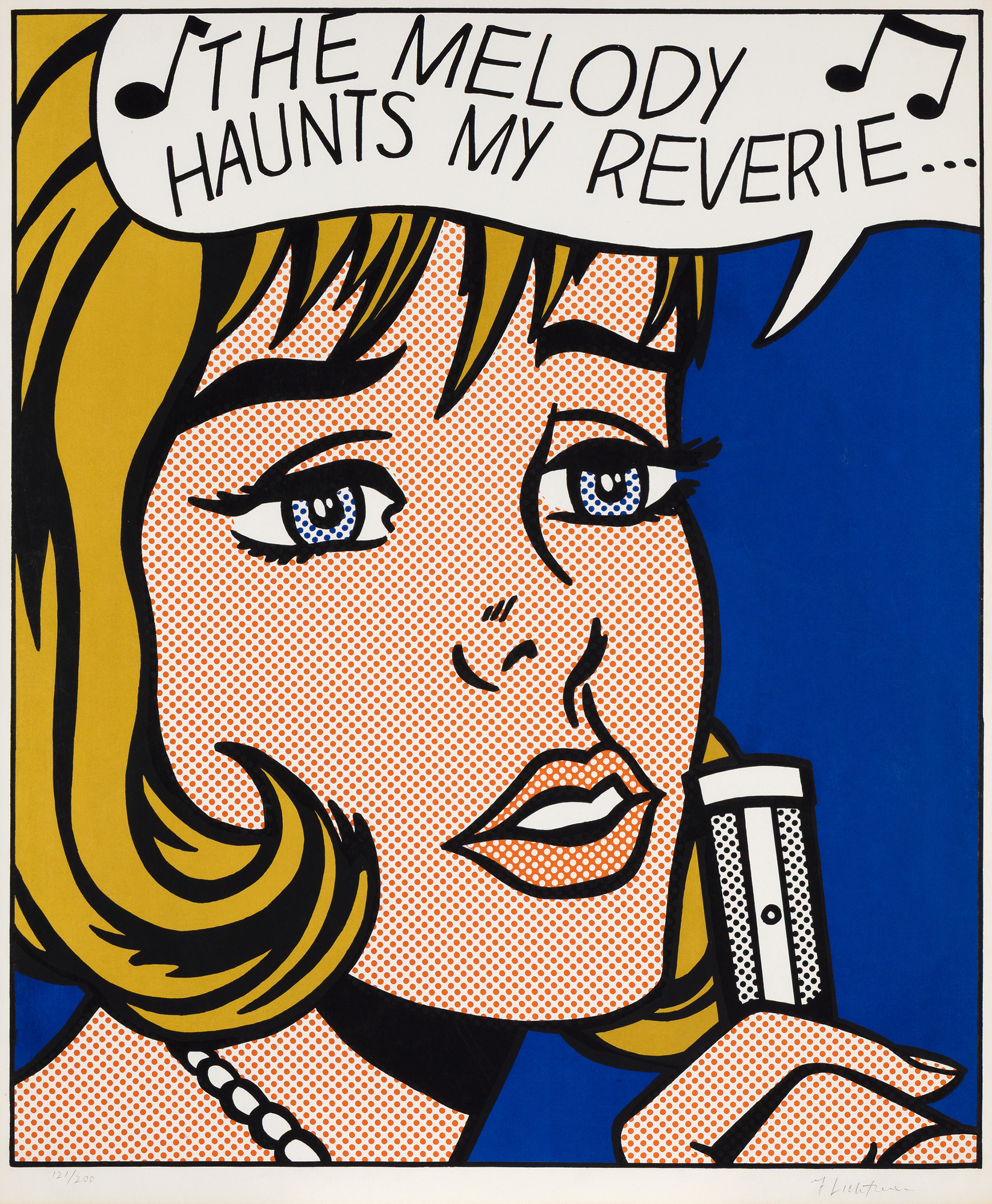 ROY LICHTENSTEIN - Reverie <div><font face=Lato size=3>Roy Lichtenstein’s <em>Reverie</em> (1965) is a landmark screenprint that exemplifies the artist’s transformation of comic book imagery into high art. Published as part of the influential <em>11 Pop Artists </em>portfolio, this work comes from an edition of 200, with this impression numbered 121/200. In addition, approximately 50 Roman numeral proofs and a small number of artist’s proofs were also issued. The portfolio, which brought together emerging figures such as Lichtenstein, Andy Warhol, and Tom Wesselmann, played a pivotal role in cementing Pop Art’s place within the contemporary art canon. </font></div>
<br>
<br><div><font face=Lato size=3> </font></div>
<br>
<br><div><font face=Lato size=3>Reverie depicts a pensive, stylized heroine rendered in Lichtenstein’s hallmark Ben-Day dots, bold outlines, and primary colors, capturing both the melodrama and restraint of comic-book narrative. The title recalls the nostalgic 1927 song <em>Stardust</em> by Hoagie Carmichael, specifically the line “The melody haunts my reverie,” underscoring the nostalgic mood conveyed in the sitter’s far-off gaze. Lichtenstein himself considered his contributions to <em>11 Pop Artists</em> his first true fine-art prints, the culmination of years mastering multiple printmaking techniques, from etching to screenprinting. </font></div>
<br>
<br><div><font face=Lato size=3> </font></div>
<br>
<br><div><font face=Lato size=3>Impressions from this edition are now held in major public collections, including the Art Institute of Chicago, the National Gallery of Art, the Museum of Modern Art, and the Smithsonian American Art Museum, affirming its historical and artistic importance. </font></div>
