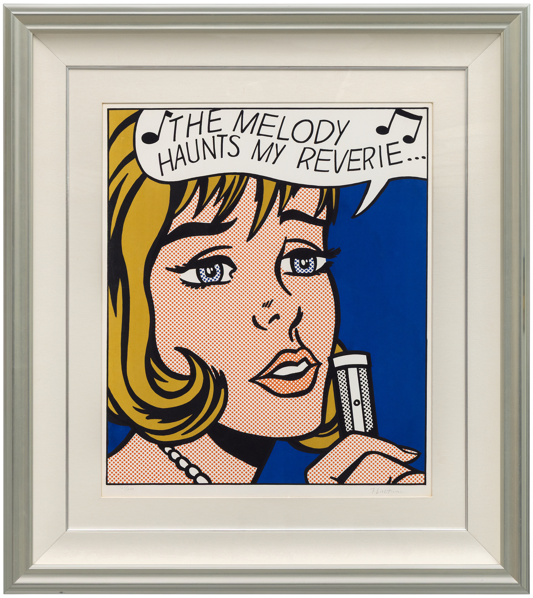 ROY LICHTENSTEIN - Reverie <div><font face=Lato size=3>Roy Lichtenstein’s <em>Reverie</em> (1965) is a landmark screenprint that exemplifies the artist’s transformation of comic book imagery into high art. Published as part of the influential <em>11 Pop Artists </em>portfolio, this work comes from an edition of 200, with this impression numbered 121/200. In addition, approximately 50 Roman numeral proofs and a small number of artist’s proofs were also issued. The portfolio, which brought together emerging figures such as Lichtenstein, Andy Warhol, and Tom Wesselmann, played a pivotal role in cementing Pop Art’s place within the contemporary art canon. </font></div>
<br>
<br><div><font face=Lato size=3> </font></div>
<br>
<br><div><font face=Lato size=3>Reverie depicts a pensive, stylized heroine rendered in Lichtenstein’s hallmark Ben-Day dots, bold outlines, and primary colors, capturing both the melodrama and restraint of comic-book narrative. The title recalls the nostalgic 1927 song <em>Stardust</em> by Hoagie Carmichael, specifically the line “The melody haunts my reverie,” underscoring the nostalgic mood conveyed in the sitter’s far-off gaze. Lichtenstein himself considered his contributions to <em>11 Pop Artists</em> his first true fine-art prints, the culmination of years mastering multiple printmaking techniques, from etching to screenprinting. </font></div>
<br>
<br><div><font face=Lato size=3> </font></div>
<br>
<br><div><font face=Lato size=3>Impressions from this edition are now held in major public collections, including the Art Institute of Chicago, the National Gallery of Art, the Museum of Modern Art, and the Smithsonian American Art Museum, affirming its historical and artistic importance. </font></div>