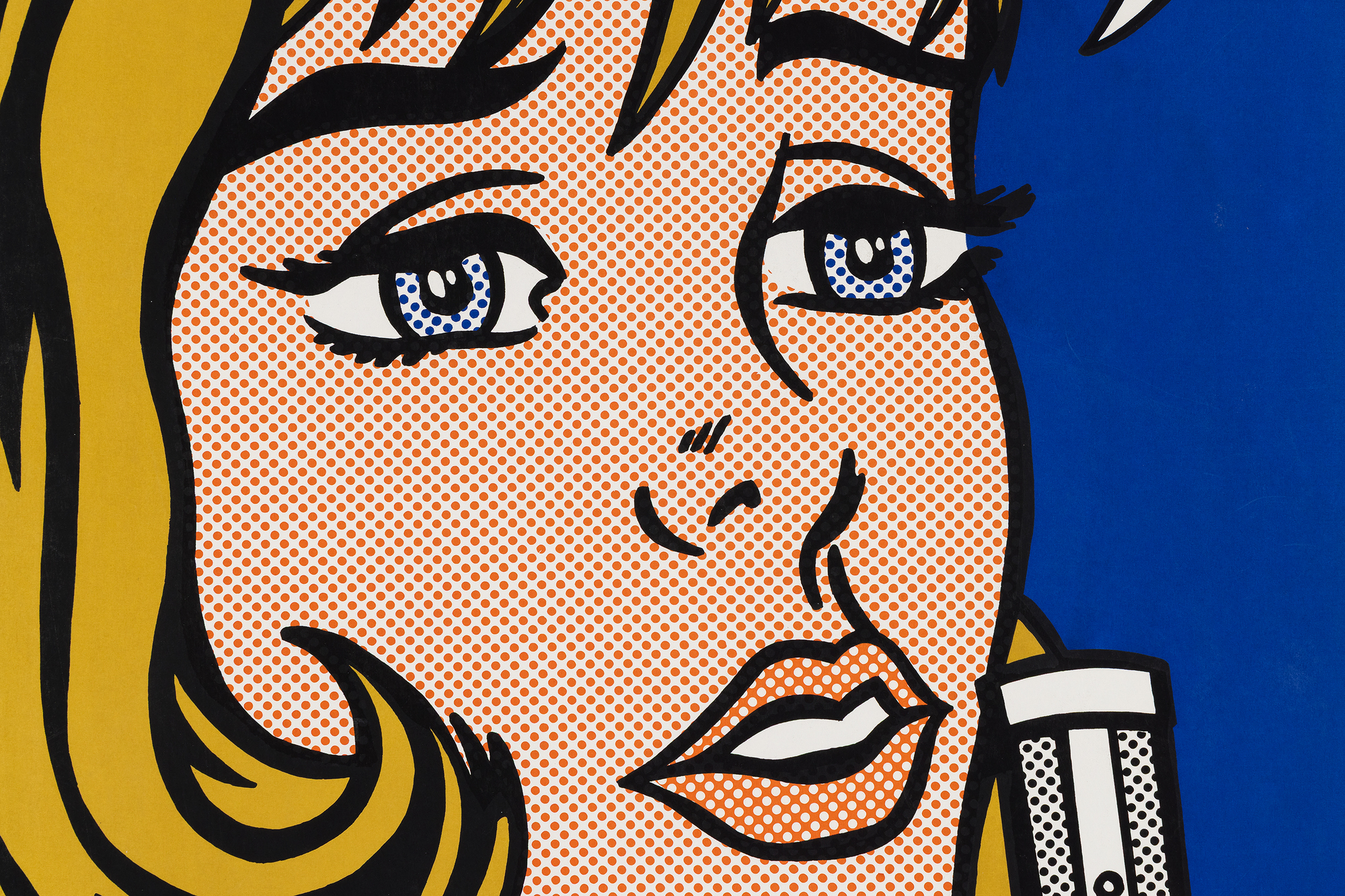 ROY LICHTENSTEIN - Reverie <div><font face=Lato size=3>Roy Lichtenstein’s <em>Reverie</em> (1965) is a landmark screenprint that exemplifies the artist’s transformation of comic book imagery into high art. Published as part of the influential <em>11 Pop Artists </em>portfolio, this work comes from an edition of 200, with this impression numbered 121/200. In addition, approximately 50 Roman numeral proofs and a small number of artist’s proofs were also issued. The portfolio, which brought together emerging figures such as Lichtenstein, Andy Warhol, and Tom Wesselmann, played a pivotal role in cementing Pop Art’s place within the contemporary art canon. </font></div>
<br>
<br><div><font face=Lato size=3> </font></div>
<br>
<br><div><font face=Lato size=3>Reverie depicts a pensive, stylized heroine rendered in Lichtenstein’s hallmark Ben-Day dots, bold outlines, and primary colors, capturing both the melodrama and restraint of comic-book narrative. The title recalls the nostalgic 1927 song <em>Stardust</em> by Hoagie Carmichael, specifically the line “The melody haunts my reverie,” underscoring the nostalgic mood conveyed in the sitter’s far-off gaze. Lichtenstein himself considered his contributions to <em>11 Pop Artists</em> his first true fine-art prints, the culmination of years mastering multiple printmaking techniques, from etching to screenprinting. </font></div>
<br>
<br><div><font face=Lato size=3> </font></div>
<br>
<br><div><font face=Lato size=3>Impressions from this edition are now held in major public collections, including the Art Institute of Chicago, the National Gallery of Art, the Museum of Modern Art, and the Smithsonian American Art Museum, affirming its historical and artistic importance. </font></div>