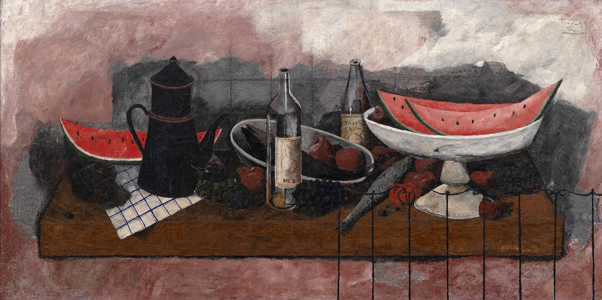 RUFINO TAMAYO - Naturaleza Muerta <div>In the mid-1920s, Rufino Tamayo embarked on the crucial development phase as a sophisticated, contemporary colorist. In New York, he encountered the groundbreaking works of Picasso, Braque, and Giorgio de Chirico, along with the enduring impact of Cubism. Exploring painterly and plastic values through subjects sourced from street scenes, popular culture, and the fabric of daily life, his unique approach to color and form began to take shape. It was a pivotal shift toward cosmopolitan aesthetics, setting him apart from the nationalist fervor championed by the politically charged narratives of the Mexican Muralist movement. By focusing on the vitality of popular culture, he captured the essential Mexican identity that prioritized universal artistic values over explicit social and political commentary. The approach underscored his commitment to redefining Mexican art on the global stage and highlighted his innovative contributions to the modernist dialogue. </div><br><br><div> </div><br><br><div>Like Cézanne, Tamayo elevated the still life genre to some of its most beautifully simple expressions. Yet high sophistication underlies the ease with which Tamayo melds vibrant Mexican motifs with the avant-garde influences of the School of Paris. As "Naturaleza Muerta" of 1935 reveals, Tamayo refused to lapse into the mere decoration that often characterizes the contemporary School of Paris art with which his work draws comparisons. Instead, his arrangement of watermelons, bottles, a coffee pot, and sundry items staged within a sobering, earthbound tonality and indeterminant, shallow space recalls Tamayo's early interest in Surrealism. An overlayed square matrix underscores the contrast between the organic subjects of the painting and the abstract, intellectualized structure imposed upon them, deepening the interpretation of the artist's exploration of visual perception and representation. In this way, the grid serves to navigate between the visible world and the underlying structures that inform our understanding of it, inviting viewers to consider the interplay between reality and abstraction, sensation and analysis.</div>