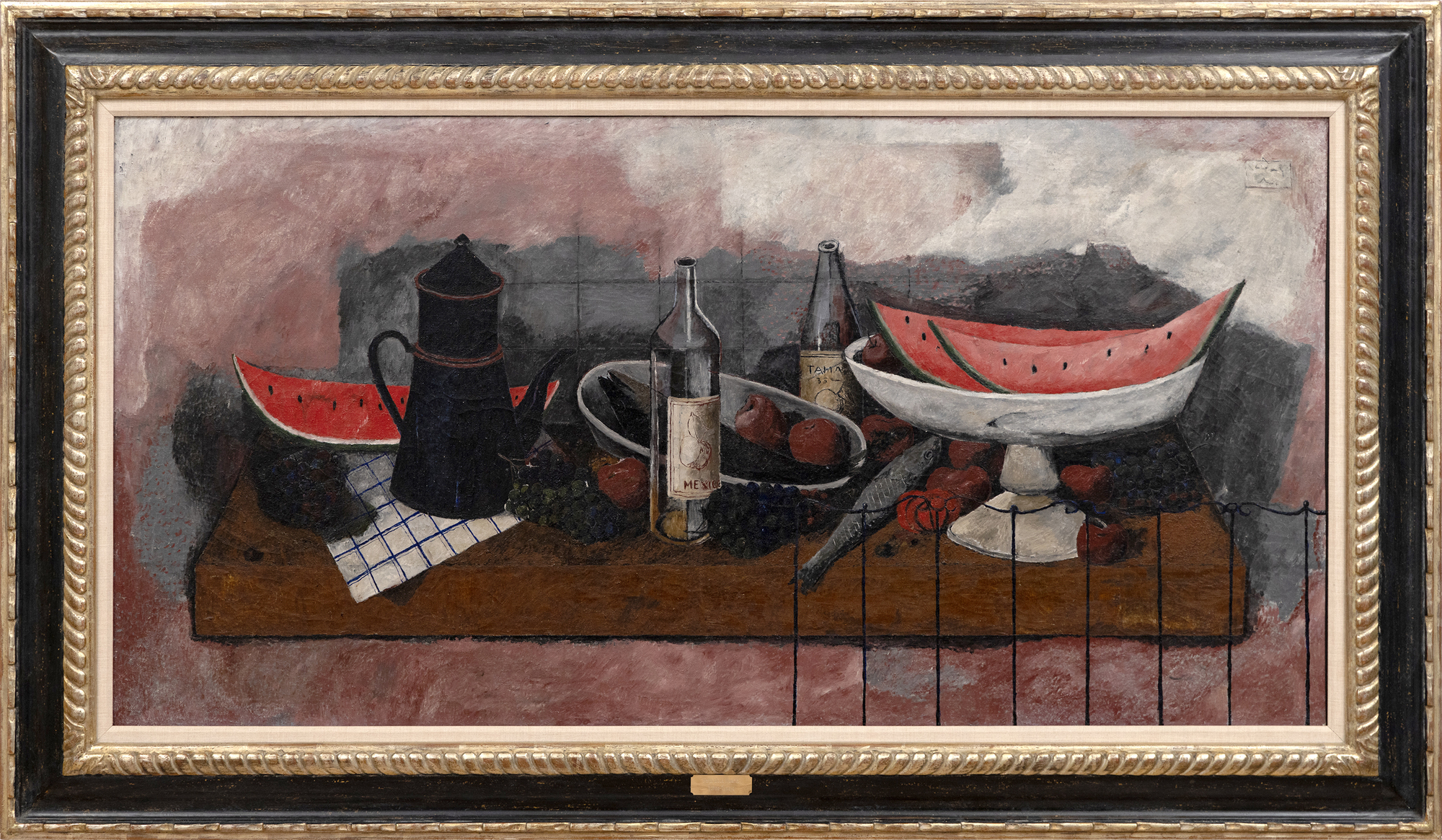 RUFINO TAMAYO - Naturaleza Muerta <div>In the mid-1920s, Rufino Tamayo embarked on the crucial development phase as a sophisticated, contemporary colorist. In New York, he encountered the groundbreaking works of Picasso, Braque, and Giorgio de Chirico, along with the enduring impact of Cubism. Exploring painterly and plastic values through subjects sourced from street scenes, popular culture, and the fabric of daily life, his unique approach to color and form began to take shape. It was a pivotal shift toward cosmopolitan aesthetics, setting him apart from the nationalist fervor championed by the politically charged narratives of the Mexican Muralist movement. By focusing on the vitality of popular culture, he captured the essential Mexican identity that prioritized universal artistic values over explicit social and political commentary. The approach underscored his commitment to redefining Mexican art on the global stage and highlighted his innovative contributions to the modernist dialogue. </div><br><br><div> </div><br><br><div>Like Cézanne, Tamayo elevated the still life genre to some of its most beautifully simple expressions. Yet high sophistication underlies the ease with which Tamayo melds vibrant Mexican motifs with the avant-garde influences of the School of Paris. As "Naturaleza Muerta" of 1935 reveals, Tamayo refused to lapse into the mere decoration that often characterizes the contemporary School of Paris art with which his work draws comparisons. Instead, his arrangement of watermelons, bottles, a coffee pot, and sundry items staged within a sobering, earthbound tonality and indeterminant, shallow space recalls Tamayo's early interest in Surrealism. An overlayed square matrix underscores the contrast between the organic subjects of the painting and the abstract, intellectualized structure imposed upon them, deepening the interpretation of the artist's exploration of visual perception and representation. In this way, the grid serves to navigate between the visible world and the underlying structures that inform our understanding of it, inviting viewers to consider the interplay between reality and abstraction, sensation and analysis.</div>
