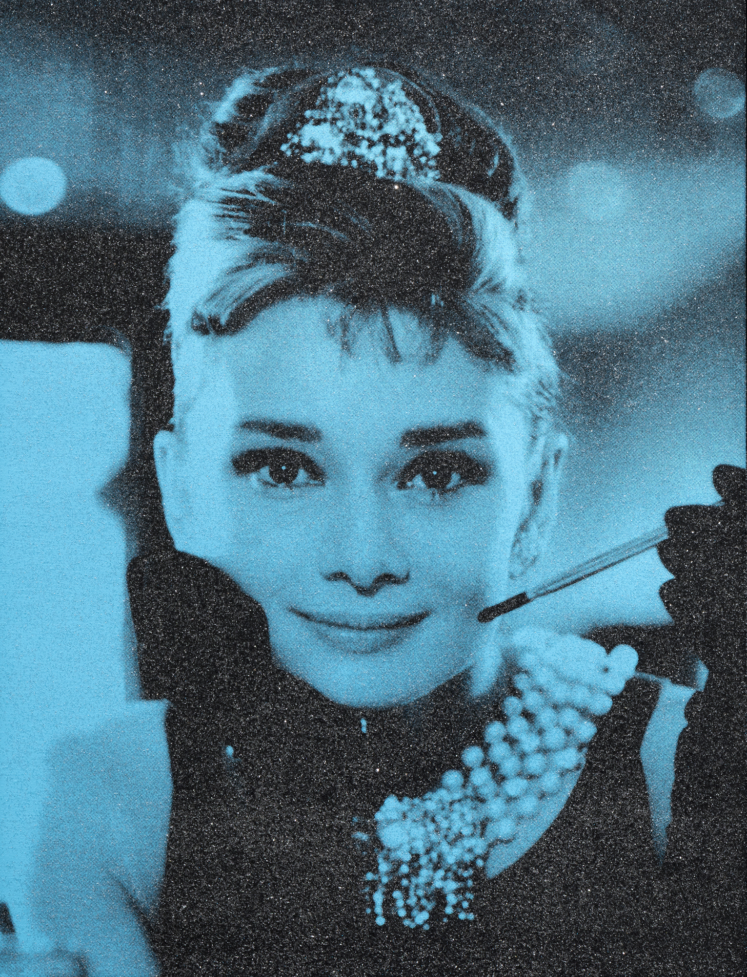 RUSSELL YOUNG - Audrey Hepburn - acrylic paint, enamel, and diamond dust screen print on linen - 35 1/4 x 27 in.