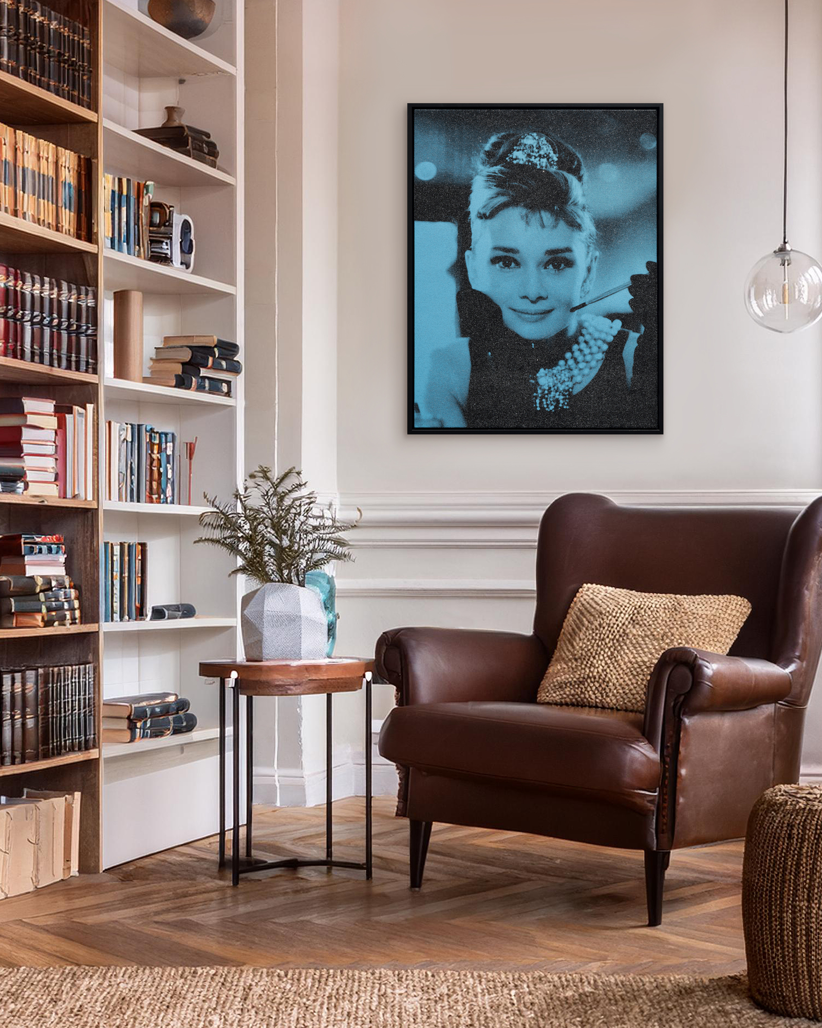 RUSSELL YOUNG - Audrey Hepburn - acrylic paint, enamel, and diamond dust screen print on linen - 35 1/4 x 27 in.