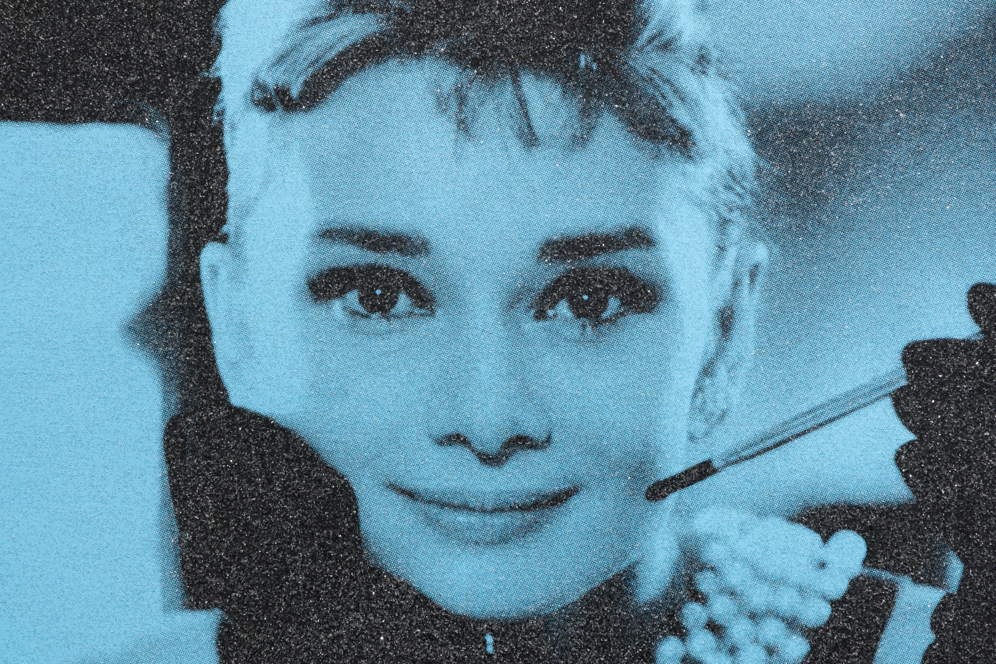 RUSSELL YOUNG - Audrey Hepburn - acrylic paint, enamel, and diamond dust screen print on linen - 35 1/4 x 27 in.