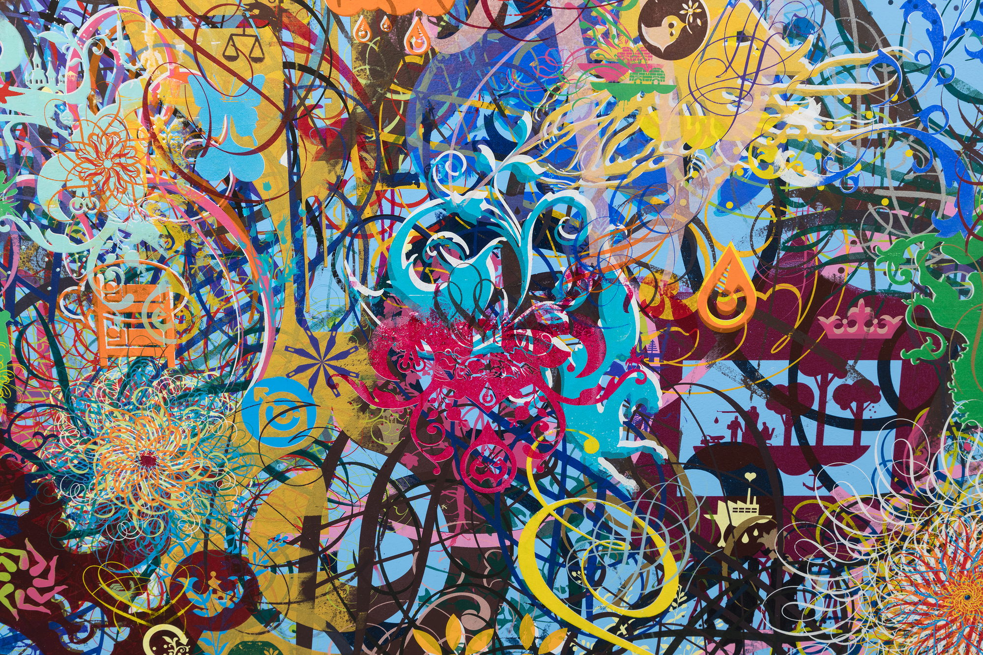"A Dream Within a Dream" is a significant series of paintings and silkscreens by Ryan McGinnes that takes its name from a famous poem by Edgar Allan Poe. Exploring themes of perception, reality, and the subconscious mind, McGinnes incorporates a variety of symbols and motifs, including geometric shapes, botanical elements, and figurative motifs, which he arranges in intricate patterns that seem to shift and morph before the viewer's eyes. The title suggests a sense of ambiguity and uncertainty, reflecting the elusive nature of reality and the fleeing quality of human experience. By engaging with themes of perception and illusion, McGinnes encourages viewers to question their assumptions about the world and to consider the possibility that reality may be more fluid and subjective than it appears.