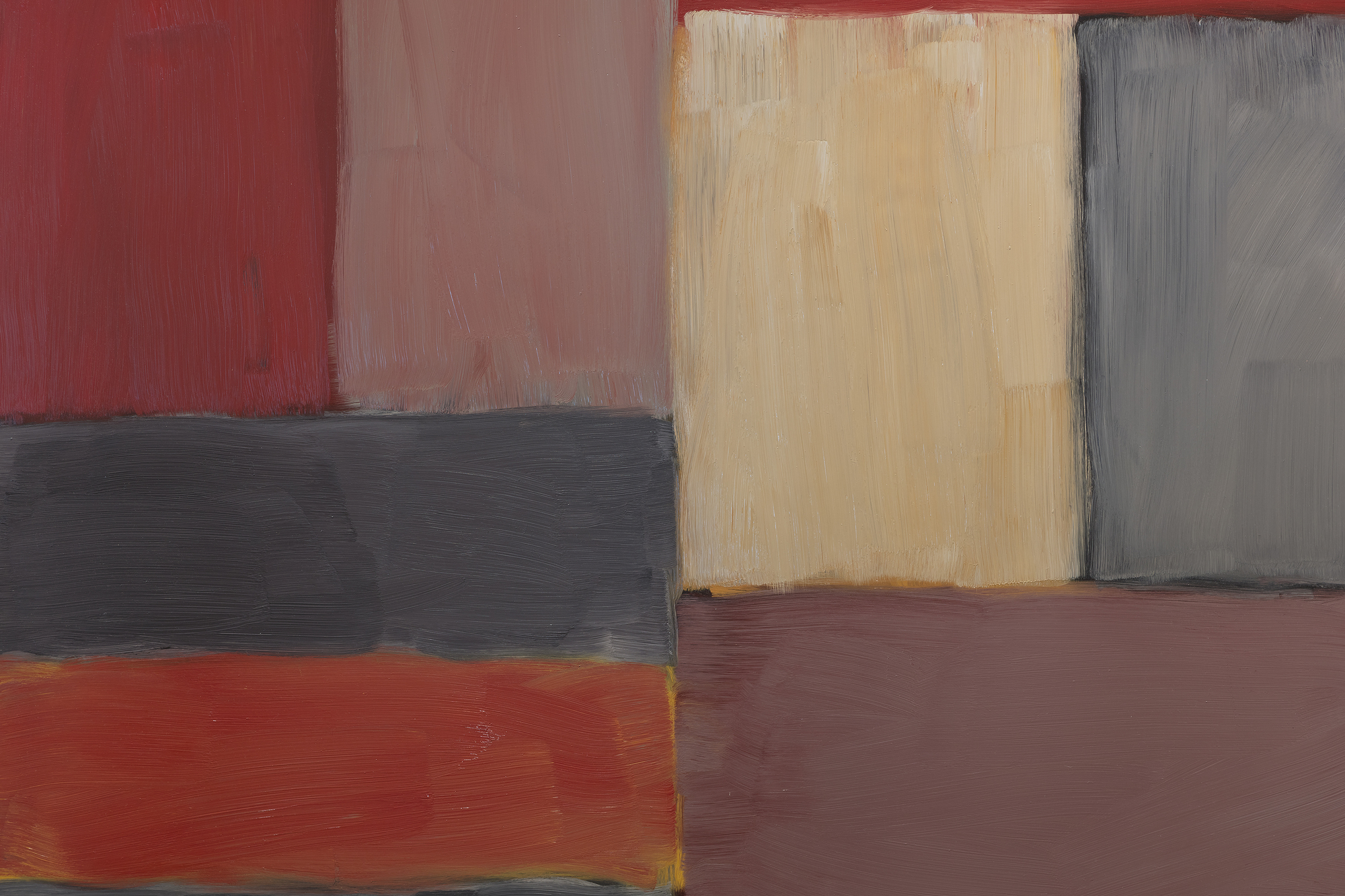 SEAN SCULLY - Grey Red The frame of reference for Irish American Sean Scully’s signature blocks and stripes is vast. From Malevich’s central premise that geometry can provide the means for universal understanding to Rothko’s impassioned approach to color and rendering of the dramatic sublime, Scully learned how to condense the splendor of the natural world into simple modes of color, light, and composition. Born in Dublin in 1945 and London-raised, Scully was well-schooled in figurative drawing when he decided to catch the spirit of his lodestar, Henri Matisse, by visiting Morocco in 1969. He was captivated by the dazzling tessellated mosaics and richly dyed fabrics and began to paint grids and stipes of color. Subsequent adventures provided further inspiration as the play of intense light on the reflective surfaces of Mayan ruins and the ancient slabs of stone at Stonehenge brought the sensation of light, space, and geometric movement to Scully’s paintings. The ability to trace the impact of Scully’s travels throughout his paintings reaffirms the value of abstract art as a touchstone for real-life experience.<br><br><br>Painted in rich, deep hues and layered, nuanced surfaces, Grey Red is both poetic and full of muscular formalism. Scully appropriately refers to these elemental forms as ‘bricks,’ suggesting the formal calculations of an architect. As he explained, “these relationships that I see in the street doorways, in windows between buildings, and in the traces of structures that were once full of life, I take for my work. I use these colors and forms and put them together in a way that perhaps reminds you of something, though you’re not sure of that” (David Carrier, Sean Scully, 2004, pg. 98). His approach is organic, less formulaic; intuitive painter’s choices are layering one color upon another so that contrasting hues and colors vibrate with subliminal energy. Diebenkorn comes to mind in his pursuit of radiant light. But here, the radiant bands of terracotta red, gray, taupe, and black of Grey Red resonate with deep, smoldering energy and evoke far more affecting passion than you would think it could impart. As his good friend, Bono wrote, “Sean approaches the canvas like a kickboxer, a plasterer, a builder. The quality of painting screams of a life being lived.”