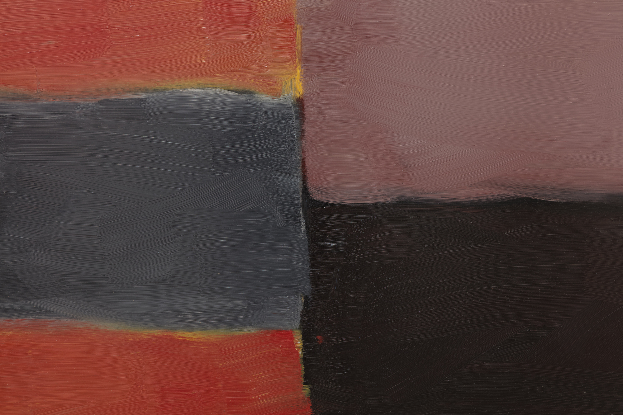 SEAN SCULLY - Grey Red The frame of reference for Irish American Sean Scully’s signature blocks and stripes is vast. From Malevich’s central premise that geometry can provide the means for universal understanding to Rothko’s impassioned approach to color and rendering of the dramatic sublime, Scully learned how to condense the splendor of the natural world into simple modes of color, light, and composition. Born in Dublin in 1945 and London-raised, Scully was well-schooled in figurative drawing when he decided to catch the spirit of his lodestar, Henri Matisse, by visiting Morocco in 1969. He was captivated by the dazzling tessellated mosaics and richly dyed fabrics and began to paint grids and stipes of color. Subsequent adventures provided further inspiration as the play of intense light on the reflective surfaces of Mayan ruins and the ancient slabs of stone at Stonehenge brought the sensation of light, space, and geometric movement to Scully’s paintings. The ability to trace the impact of Scully’s travels throughout his paintings reaffirms the value of abstract art as a touchstone for real-life experience.<br><br><br>Painted in rich, deep hues and layered, nuanced surfaces, Grey Red is both poetic and full of muscular formalism. Scully appropriately refers to these elemental forms as ‘bricks,’ suggesting the formal calculations of an architect. As he explained, “these relationships that I see in the street doorways, in windows between buildings, and in the traces of structures that were once full of life, I take for my work. I use these colors and forms and put them together in a way that perhaps reminds you of something, though you’re not sure of that” (David Carrier, Sean Scully, 2004, pg. 98). His approach is organic, less formulaic; intuitive painter’s choices are layering one color upon another so that contrasting hues and colors vibrate with subliminal energy. Diebenkorn comes to mind in his pursuit of radiant light. But here, the radiant bands of terracotta red, gray, taupe, and black of Grey Red resonate with deep, smoldering energy and evoke far more affecting passion than you would think it could impart. As his good friend, Bono wrote, “Sean approaches the canvas like a kickboxer, a plasterer, a builder. The quality of painting screams of a life being lived.”