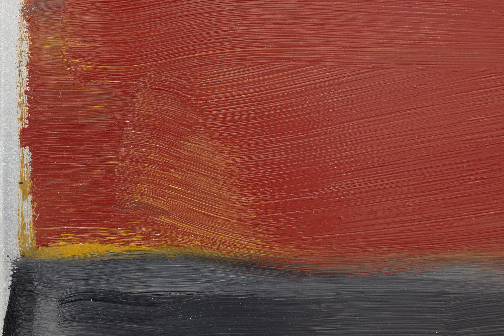 SEAN SCULLY - Grey Red The frame of reference for Irish American Sean Scully’s signature blocks and stripes is vast. From Malevich’s central premise that geometry can provide the means for universal understanding to Rothko’s impassioned approach to color and rendering of the dramatic sublime, Scully learned how to condense the splendor of the natural world into simple modes of color, light, and composition. Born in Dublin in 1945 and London-raised, Scully was well-schooled in figurative drawing when he decided to catch the spirit of his lodestar, Henri Matisse, by visiting Morocco in 1969. He was captivated by the dazzling tessellated mosaics and richly dyed fabrics and began to paint grids and stipes of color. Subsequent adventures provided further inspiration as the play of intense light on the reflective surfaces of Mayan ruins and the ancient slabs of stone at Stonehenge brought the sensation of light, space, and geometric movement to Scully’s paintings. The ability to trace the impact of Scully’s travels throughout his paintings reaffirms the value of abstract art as a touchstone for real-life experience.<br><br><br>Painted in rich, deep hues and layered, nuanced surfaces, Grey Red is both poetic and full of muscular formalism. Scully appropriately refers to these elemental forms as ‘bricks,’ suggesting the formal calculations of an architect. As he explained, “these relationships that I see in the street doorways, in windows between buildings, and in the traces of structures that were once full of life, I take for my work. I use these colors and forms and put them together in a way that perhaps reminds you of something, though you’re not sure of that” (David Carrier, Sean Scully, 2004, pg. 98). His approach is organic, less formulaic; intuitive painter’s choices are layering one color upon another so that contrasting hues and colors vibrate with subliminal energy. Diebenkorn comes to mind in his pursuit of radiant light. But here, the radiant bands of terracotta red, gray, taupe, and black of Grey Red resonate with deep, smoldering energy and evoke far more affecting passion than you would think it could impart. As his good friend, Bono wrote, “Sean approaches the canvas like a kickboxer, a plasterer, a builder. The quality of painting screams of a life being lived.”