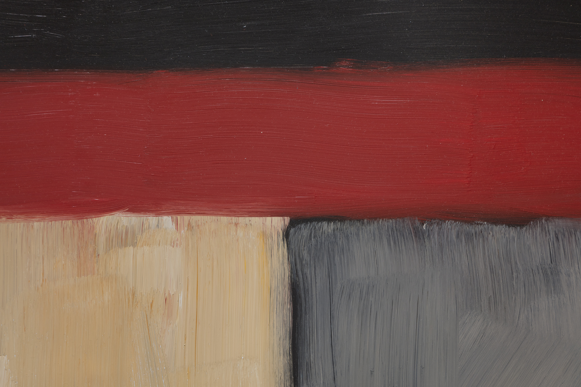 SEAN SCULLY - Grey Red The frame of reference for Irish American Sean Scully’s signature blocks and stripes is vast. From Malevich’s central premise that geometry can provide the means for universal understanding to Rothko’s impassioned approach to color and rendering of the dramatic sublime, Scully learned how to condense the splendor of the natural world into simple modes of color, light, and composition. Born in Dublin in 1945 and London-raised, Scully was well-schooled in figurative drawing when he decided to catch the spirit of his lodestar, Henri Matisse, by visiting Morocco in 1969. He was captivated by the dazzling tessellated mosaics and richly dyed fabrics and began to paint grids and stipes of color. Subsequent adventures provided further inspiration as the play of intense light on the reflective surfaces of Mayan ruins and the ancient slabs of stone at Stonehenge brought the sensation of light, space, and geometric movement to Scully’s paintings. The ability to trace the impact of Scully’s travels throughout his paintings reaffirms the value of abstract art as a touchstone for real-life experience.<br><br><br>Painted in rich, deep hues and layered, nuanced surfaces, Grey Red is both poetic and full of muscular formalism. Scully appropriately refers to these elemental forms as ‘bricks,’ suggesting the formal calculations of an architect. As he explained, “these relationships that I see in the street doorways, in windows between buildings, and in the traces of structures that were once full of life, I take for my work. I use these colors and forms and put them together in a way that perhaps reminds you of something, though you’re not sure of that” (David Carrier, Sean Scully, 2004, pg. 98). His approach is organic, less formulaic; intuitive painter’s choices are layering one color upon another so that contrasting hues and colors vibrate with subliminal energy. Diebenkorn comes to mind in his pursuit of radiant light. But here, the radiant bands of terracotta red, gray, taupe, and black of Grey Red resonate with deep, smoldering energy and evoke far more affecting passion than you would think it could impart. As his good friend, Bono wrote, “Sean approaches the canvas like a kickboxer, a plasterer, a builder. The quality of painting screams of a life being lived.”