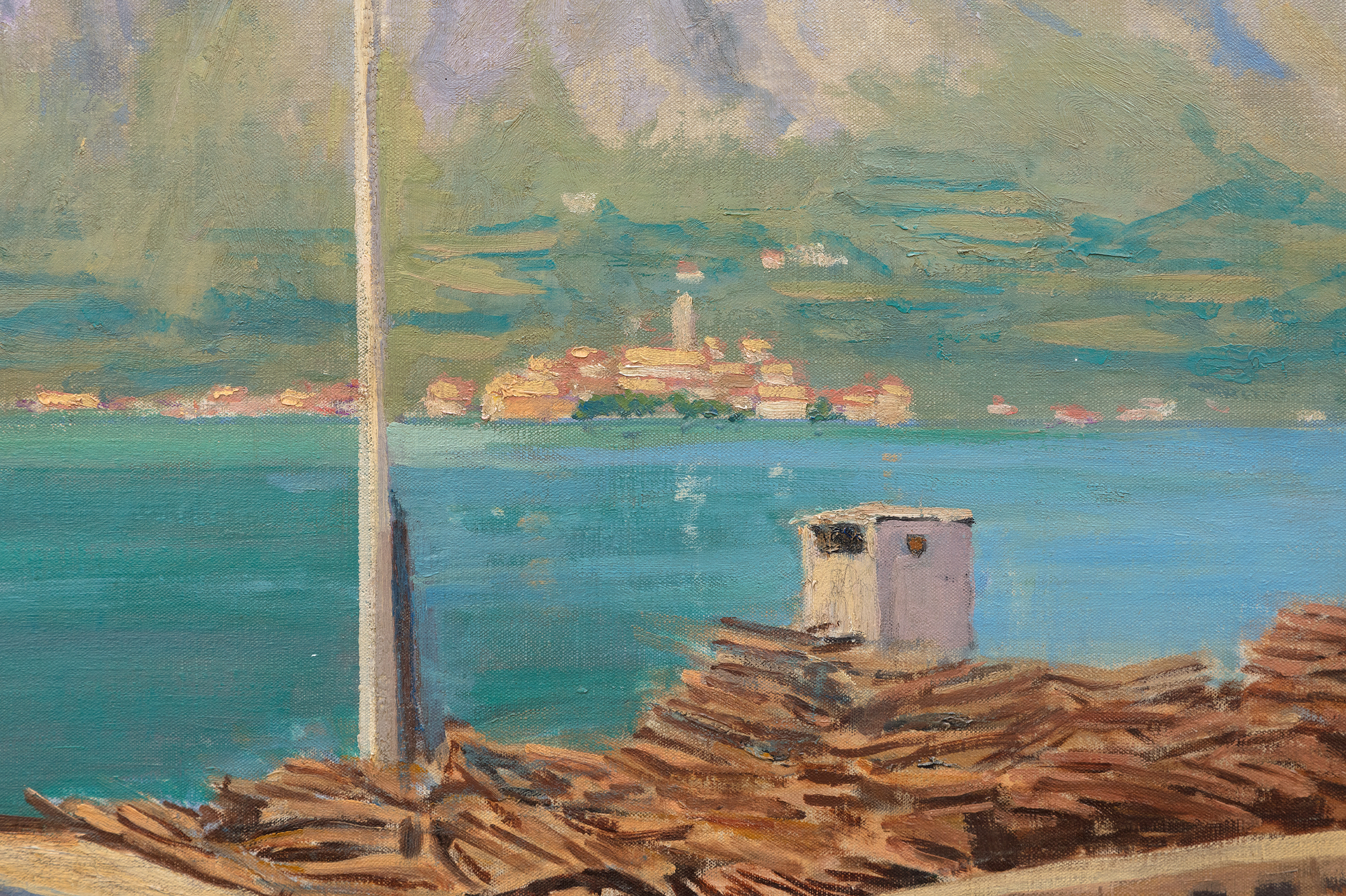In 1945, with the war ended and Churchill having suffered a surprising defeat in the general election, he accepted an invitation from Field Marshall Sir Harold Alexander to join him at his Italian villa on the shore of Lake Como. Churchill enjoyed his host's generous hospitality and focused his attention and energy on capturing the region on canvas. He produced fifteen paintings, which embody how painting absorbed his attention and offered an elixir that helped him recharge. This iconic painting was featured in a January 1946 article in LIFE, and has been selected as a color illustration in multiple editions of Churchill’s book, Paintings as a Pastime.