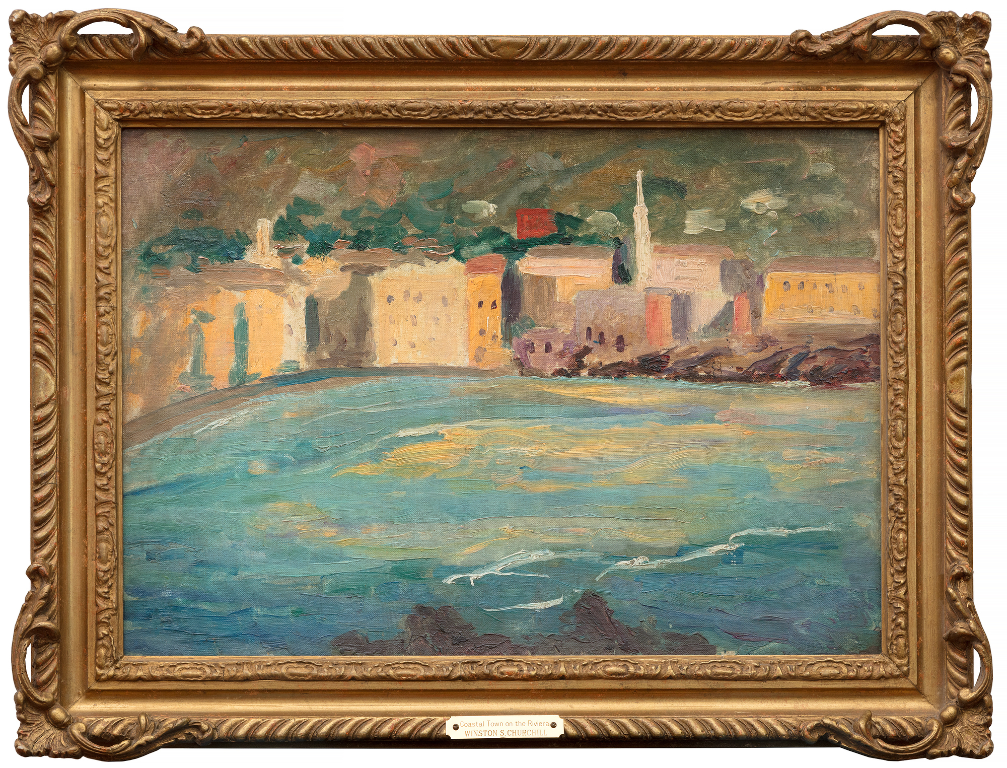 Uniquely among Winston Churchill’s known work, “Coastal Town on the Riviera” is in fact a double painting with the landscape on one side and an oil sketch on the other. The portrait sketch bears some resemblance to Viscountess Castlerosse who was a frequent guest in the same Rivera estates where Churchill visited. Churchill painted her in C 517 and C 518 and gives us a larger picture of the people who inhabited his world. &lt;br&gt;&lt;br&gt;Of his approximately 550 works, the largest portion (about 150) were of the South of France, where Churchill could indulge in both the array of colors to apply to his canvas and in gambling, given the proximity of Monte Carlo.