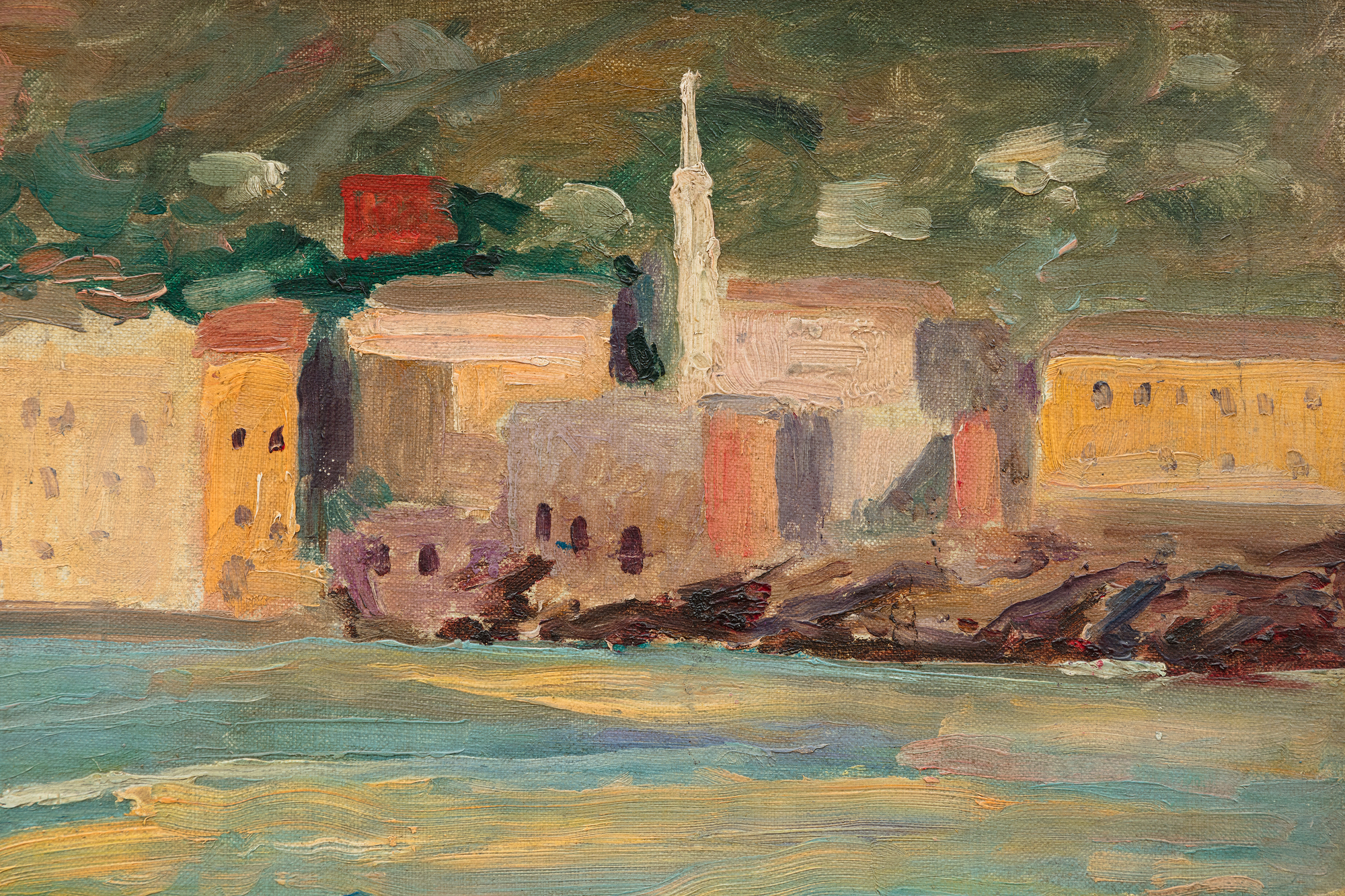 Uniquely among Winston Churchill’s known work, “Coastal Town on the Riviera” is in fact a double painting with the landscape on one side and an oil sketch on the other. The portrait sketch bears some resemblance to Viscountess Castlerosse who was a frequent guest in the same Rivera estates where Churchill visited. Churchill painted her in C 517 and C 518 and gives us a larger picture of the people who inhabited his world. 
<br>
<br>Of his approximately 550 works, the largest portion (about 150) were of the South of France, where Churchill could indulge in both the array of colors to apply to his canvas and in gambling, given the proximity of Monte Carlo.