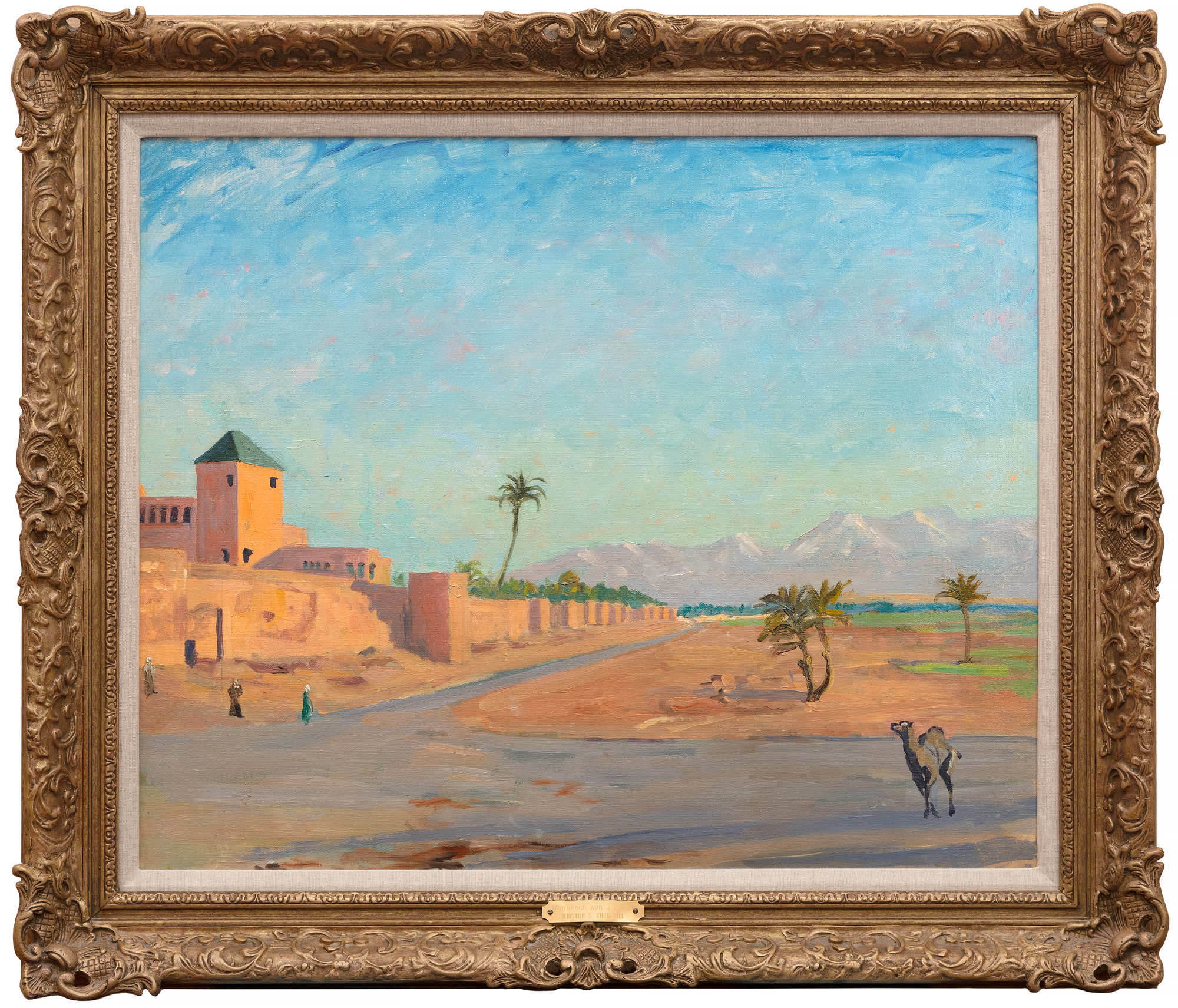 An outstanding example of Churchill’s North African scenes, one in which he deftly captures the scenery and light that his artistic mentor, John Lavery, had told him about in the mid 1930s.  Another artist mentor, Walter Sickert, taught Churchill how to project photo images directly on to a canvas as an aid in painting, a technique used to advantage in this instance.  The Studio Archives at Chartwell include 5 photographs, one of the camel and four others, that Churchill used as aids.
<br>
<br>With the visual aids, Churchill could focus on the vibrant colors, the tan of the sand and buildings contrasting with the brilliant blue skies, splashes of green adding energy to the painting. A different Marrakech scene, “Tower of the Koutoubia Mosque”, set an auction record for Churchill when it sold in 2021 for $11 million USD.