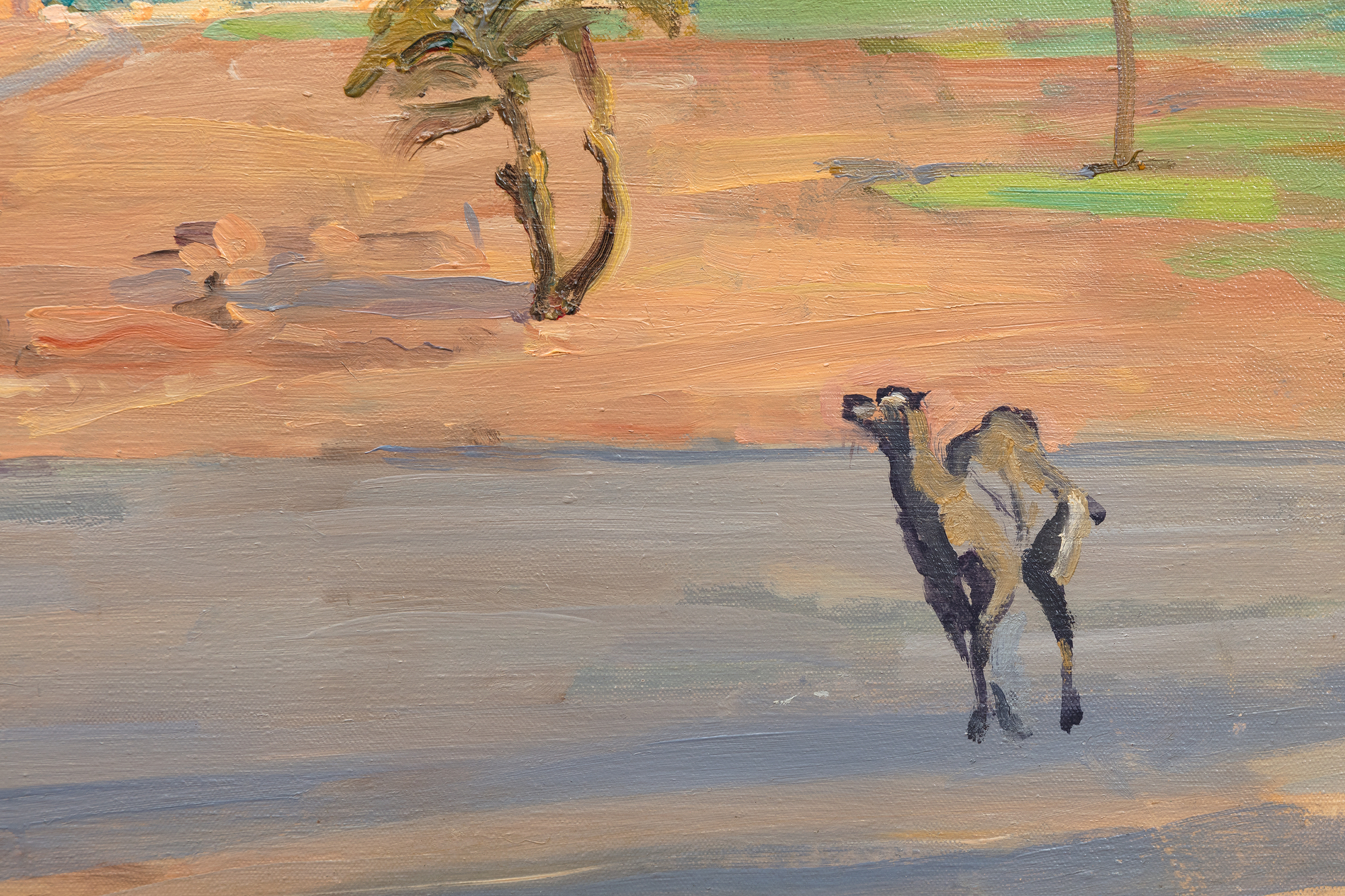 An outstanding example of Churchill’s North African scenes, one in which he deftly captures the scenery and light that his artistic mentor, John Lavery, had told him about in the mid 1930s.  Another artist mentor, Walter Sickert, taught Churchill how to project photo images directly on to a canvas as an aid in painting, a technique used to advantage in this instance.  The Studio Archives at Chartwell include 5 photographs, one of the camel and four others, that Churchill used as aids.&lt;br&gt;&lt;br&gt;With the visual aids, Churchill could focus on the vibrant colors, the tan of the sand and buildings contrasting with the brilliant blue skies, splashes of green adding energy to the painting. A different Marrakech scene, “Tower of the Koutoubia Mosque”, set an auction record for Churchill when it sold in 2021 for $11 million USD.