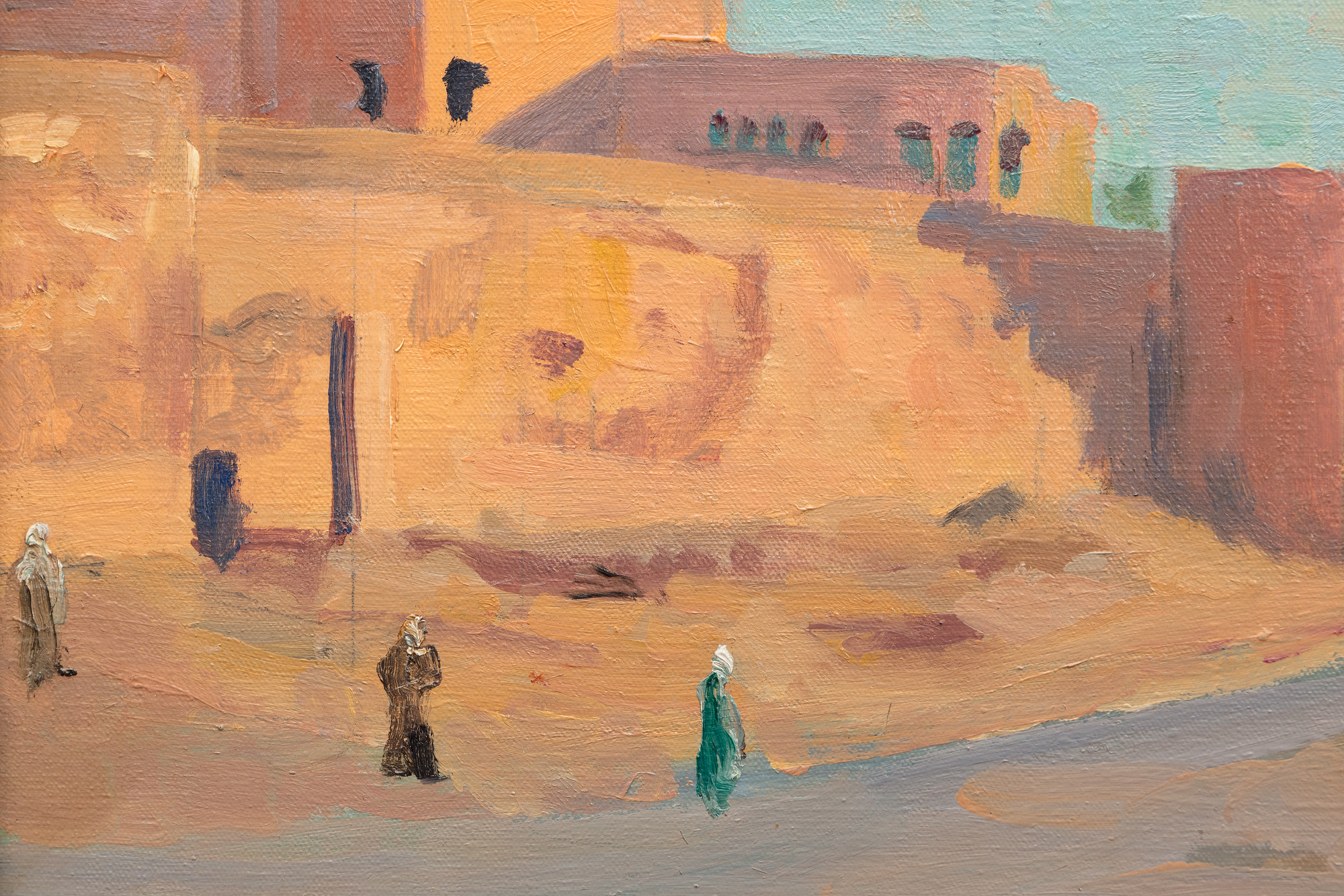 An outstanding example of Churchill’s North African scenes, one in which he deftly captures the scenery and light that his artistic mentor, John Lavery, had told him about in the mid 1930s.  Another artist mentor, Walter Sickert, taught Churchill how to project photo images directly on to a canvas as an aid in painting, a technique used to advantage in this instance.  The Studio Archives at Chartwell include 5 photographs, one of the camel and four others, that Churchill used as aids.&lt;br&gt;&lt;br&gt;With the visual aids, Churchill could focus on the vibrant colors, the tan of the sand and buildings contrasting with the brilliant blue skies, splashes of green adding energy to the painting. A different Marrakech scene, “Tower of the Koutoubia Mosque”, set an auction record for Churchill when it sold in 2021 for $11 million USD.