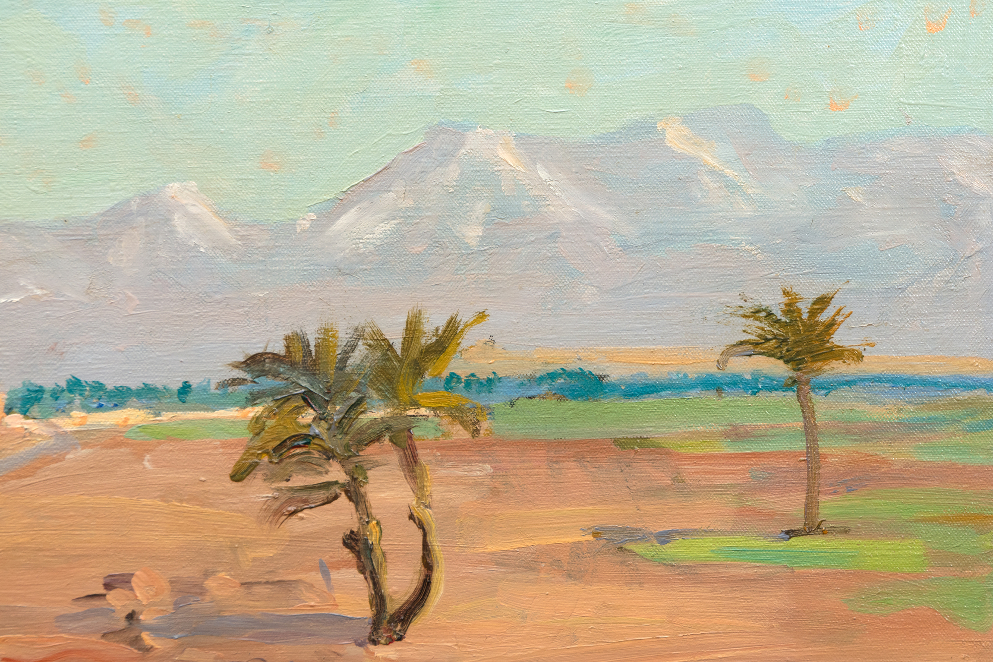 An outstanding example of Churchill’s North African scenes, one in which he deftly captures the scenery and light that his artistic mentor, John Lavery, had told him about in the mid 1930s.  Another artist mentor, Walter Sickert, taught Churchill how to project photo images directly on to a canvas as an aid in painting, a technique used to advantage in this instance.  The Studio Archives at Chartwell include 5 photographs, one of the camel and four others, that Churchill used as aids.
<br>
<br>With the visual aids, Churchill could focus on the vibrant colors, the tan of the sand and buildings contrasting with the brilliant blue skies, splashes of green adding energy to the painting. A different Marrakech scene, “Tower of the Koutoubia Mosque”, set an auction record for Churchill when it sold in 2021 for $11 million USD.