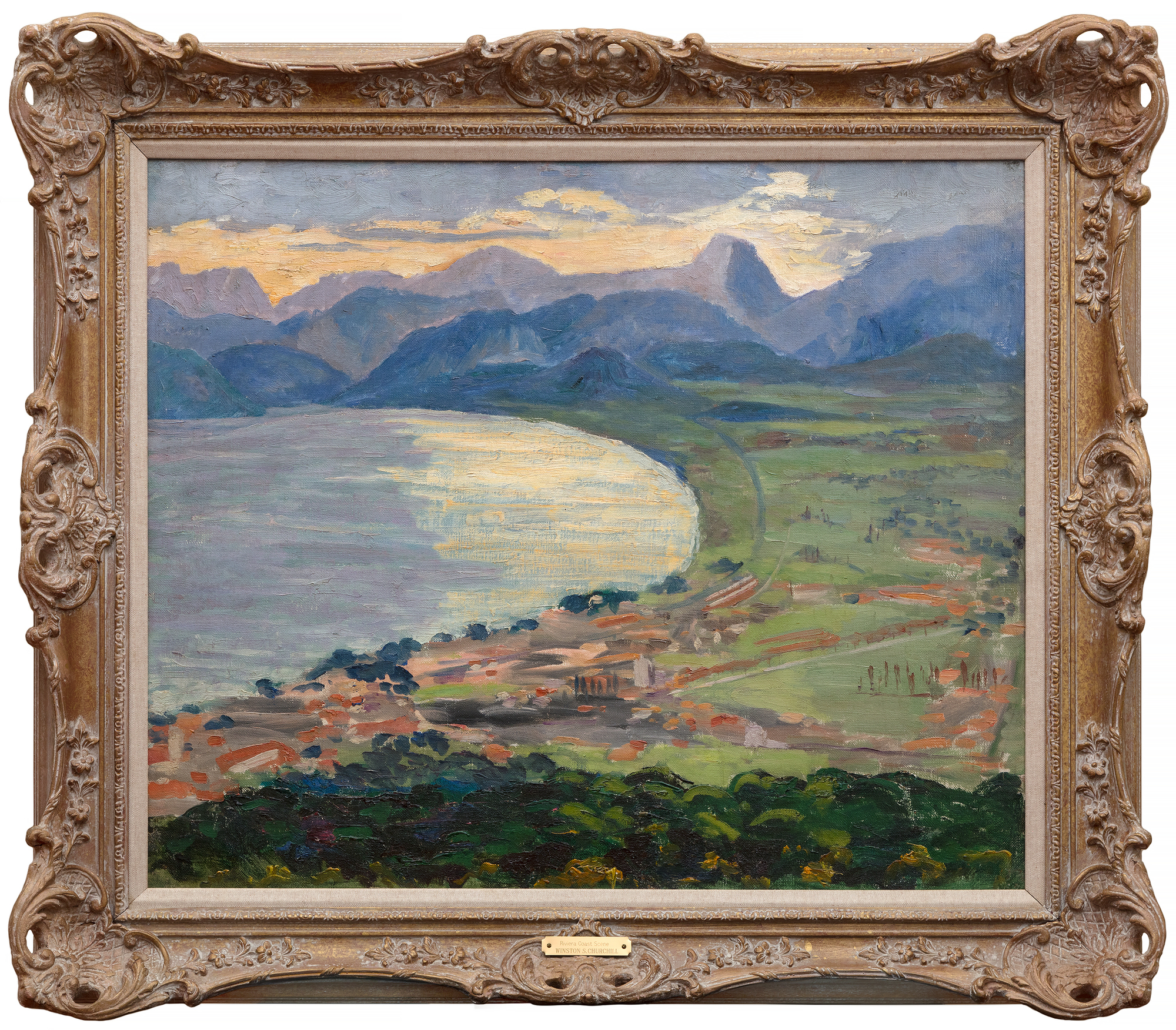 Painted from an unusually high vantage, “Riviera Coast Scene” vividly conveys the formidable distance and breadth of the scene from the perch where he set his easel.  Interestingly, Paul Rafferty did not include this painting in his book Winston Churchill: Painting on the French Riviera, believing it could likely be a scene from the Italian Lake District, where Churchill also painted in the same time period.&lt;br&gt;&lt;br&gt;Paintings by Churchill can function as a glimpse into his extensive travels and his colorful life. Churchill most likely painted “Riviera Coast Scene” during a holiday at Chateau de l’Horizon, home of Maxine Elliot, a friend of his mother. Elliot, originally from Rockland, Maine, was a successful actress and socialite.&lt;br&gt;&lt;br&gt;Within this painting, we see the influence of the Impressionists who utilized unusual viewpoints, modeled after Japanese woodblock prints, but also evidence of their attempts to push the boundaries of the landscape genre