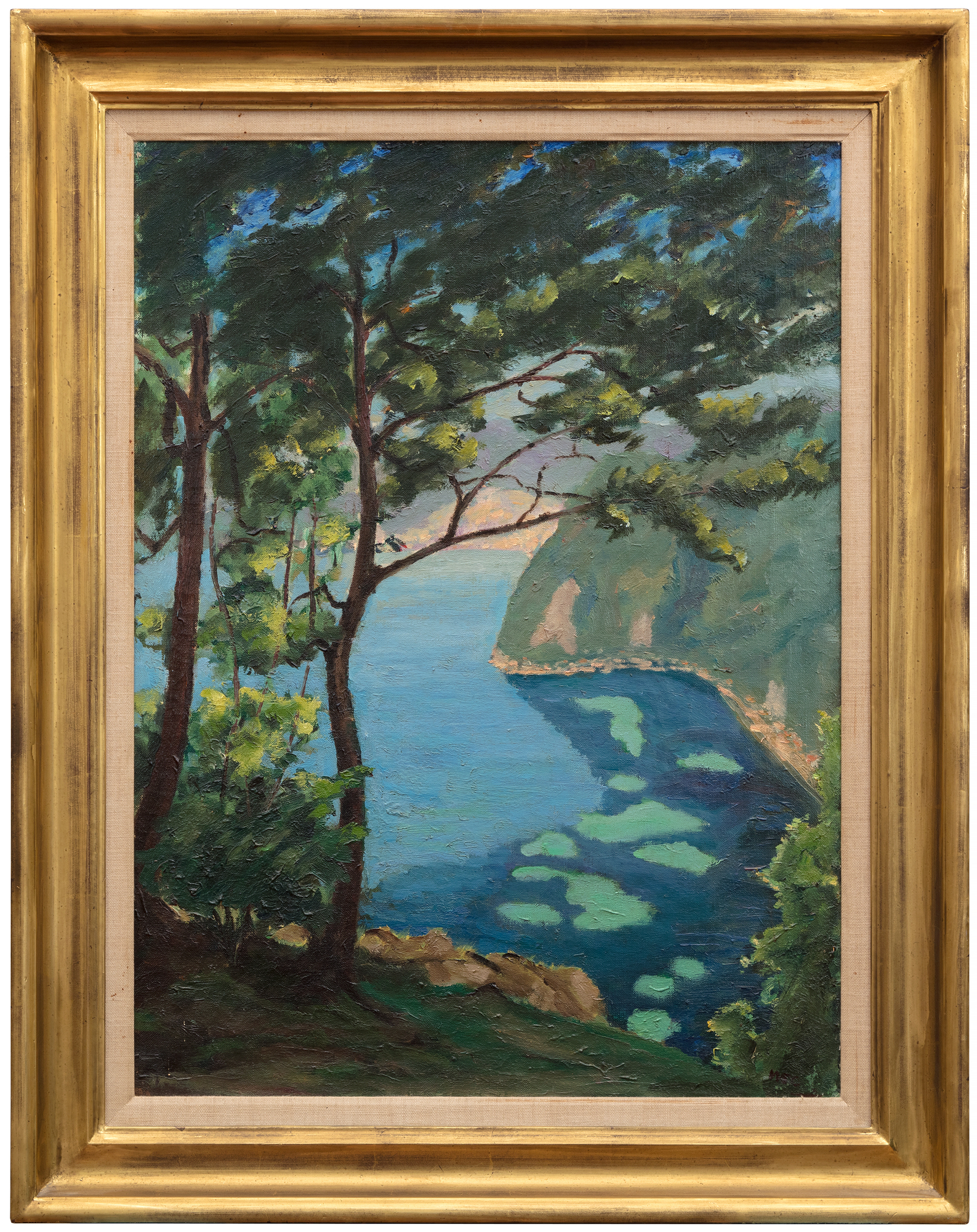 Located on the French Riviera between Nice and Monte Carlo, the Bay of Eze is renowned for its stunning location and spectacular views. As you can see on pages 80-81 of Rafferty's book, this painting skillfully captures the dizzying heights, set just west of Lou Sueil, the home of Jacques and Consuelo Balsan, close friends of Winston and Clementine.
<br> 
<br>The painting manipulates perspective and depth, a nod to the dramatic shifts of artists including Monet and Cézanne, who challenged traditional vantage points of landscapes. The portrait (i.e. vertical) orientation of the canvas combined with the trees, and the rhyming coastline channels the viewer’s gaze. The perceived tilting of the water's plane imbues the painting with dynamic tension.