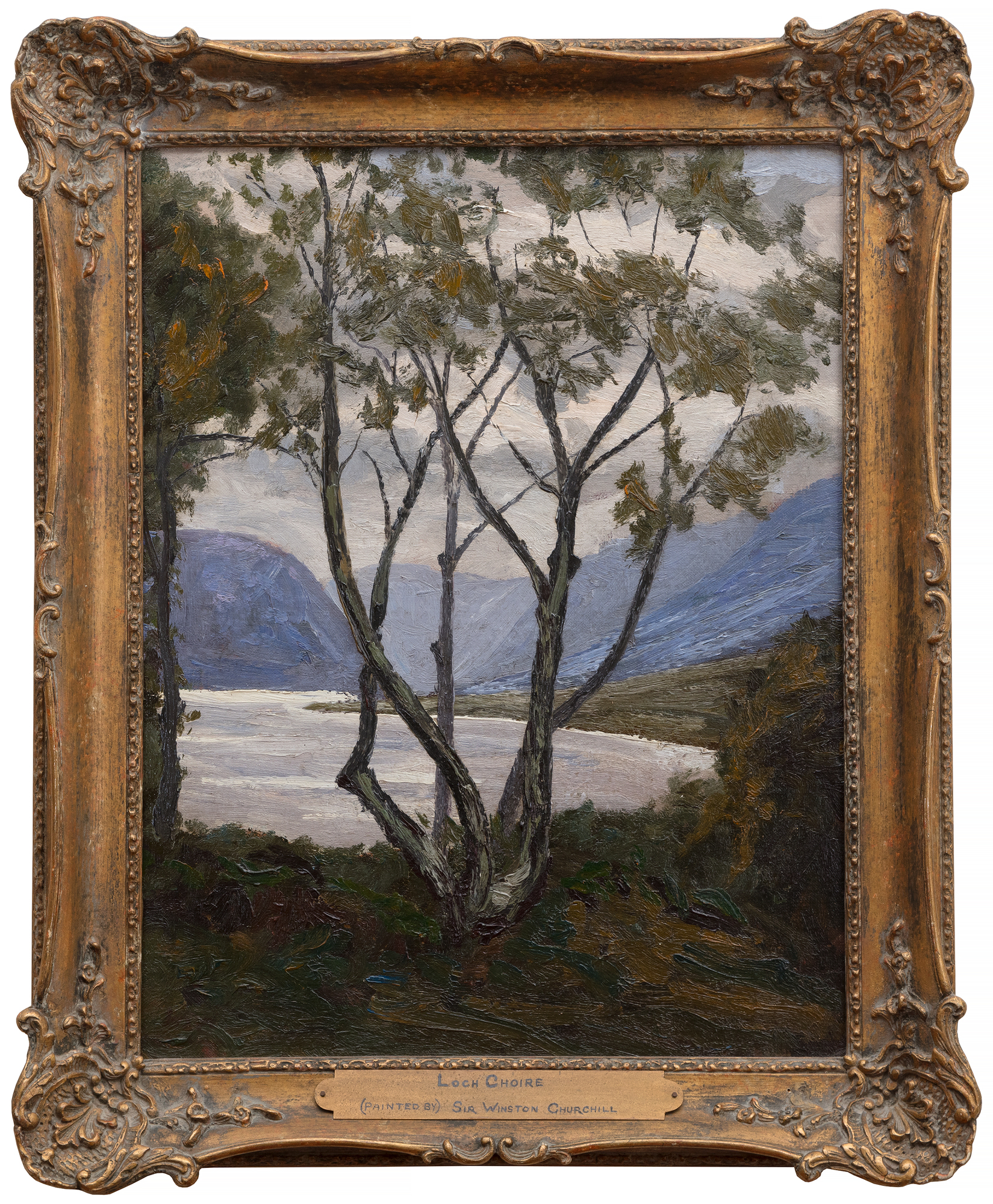 Painted while staying at Dunrobin Castle, the estate of the Duke of Sutherland, Churchill chose to set his easel behind a tree where he likely thought of it as a framing device, adding a layer of depth, creating a stronger sense of foreground, middle ground, and background, enhancing the three-dimensionality of the picture. Churchill painted at both Dunrobin as well as the Duke’s Sutton Place estate, later the home of John Paul Getty.
<br>
<br>As Mary Soames describes it in her book, Winston Churchill, His Life as a Painter, “1921 had been a year of heavy personal tidings” for Churchill and his family, as he lost both his mother, Jennie Cornwallis-West, and his beloved child, Marigold, aged nearly four.  In a letter to his wife Clementine, Churchill wrote, “… Many tender thoughts, my darling one of you and yr sweet kittens.  Alas I keep on feeling the hurt of the Duckadilly [Marigold’s pet name].”  That Churchill chose to stay with the Duke and Duchess at Dunrobin just after Marigold’s death speaks to their close friendship and his fondness for the area, including Loch Choire. It is no surprise that Churchill gifted the painting to the Duke of Sutherland