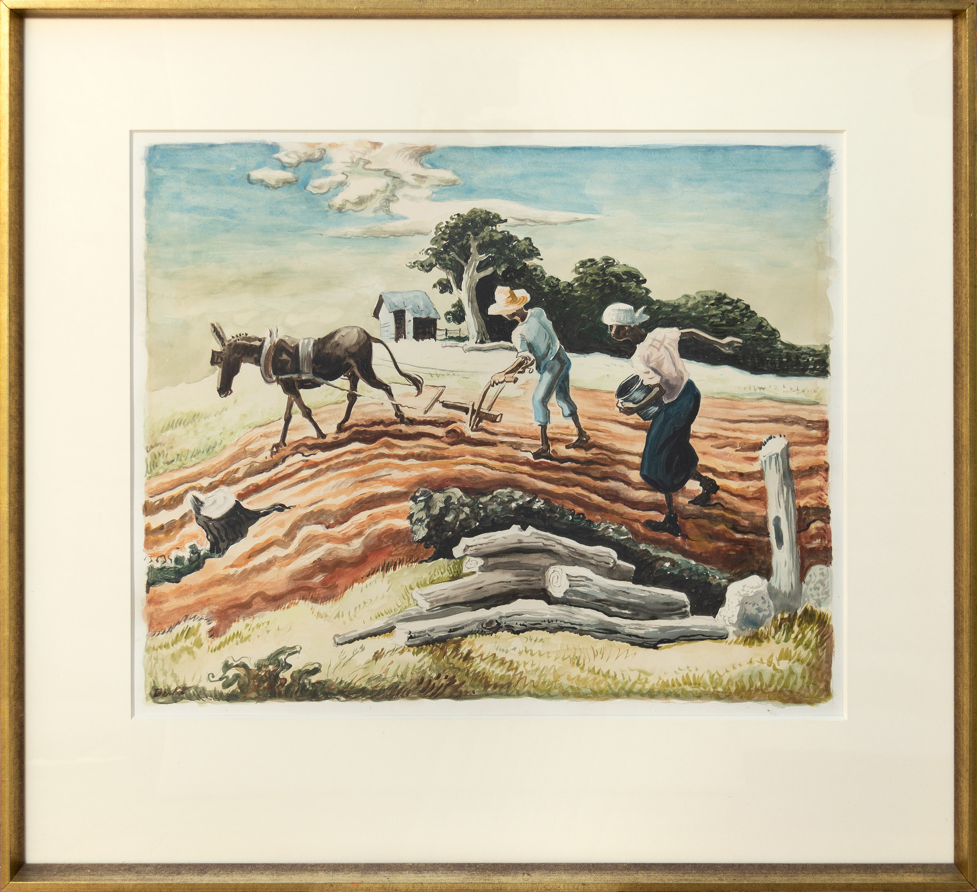 <div>"Planting (Spring Plowing)", a vibrant watercolor and graphite on paper by Thomas Hart Benton, circa 1939-40, embodies the artist’s signature Regionalist style. The work depicts a rural scene where two figures toil in a field, one guiding a plow pulled by a donkey, the other carrying a bucket, sowing seeds under a bright, cloud-streaked sky. The rolling, richly hued earth, painted in warm browns and oranges, contrasts with the lush green foliage and distant trees, while a small structure sits at the horizon, grounding the composition in everyday life. Benton’s dynamic lines and fluid brushwork capture the rhythm of labor and the vitality of spring, infusing the scene with a sense of movement and purpose. </div>
<br>
<br><div> </div>
<br>
<br><div>The reverse image of this artwork was transformed into a lithograph in 1939, with notable examples housed in prestigious museum collections including the Smithsonian American Art Museum, Nelson Atkins Museum of Art, Minneapolis Institute of Art, and the Chazen Museum of Art. This print adaptation underscores the piece’s cultural significance, reflecting Benton’s influence on American art during the Depression era and the resonance of this particular subject celebrating the resilience and harmony of its people with nature. Created with a keen eye for detail and a deep connection to the land, "Planting (Spring Plowing)" showcases Benton’s ability to blend realism with his hallmark muscular style. It is accompanied by two letters written by Thomas Hart Benton to Lon Ramsey, its original owner, and bears an inscription by the artist on the verso.  </div>