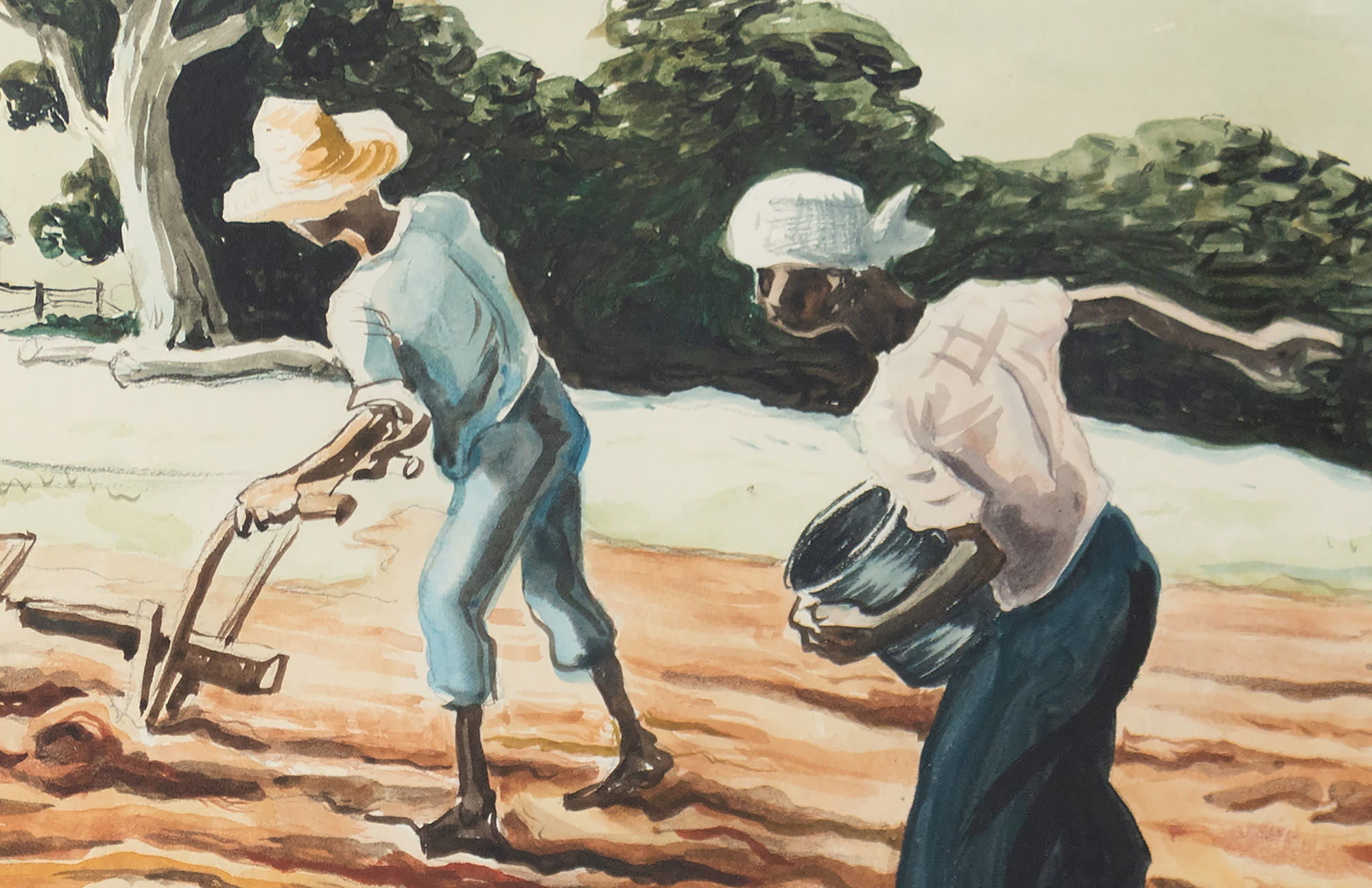 <div>"Planting (Spring Plowing)", a vibrant watercolor and graphite on paper by Thomas Hart Benton, circa 1939-40, embodies the artist’s signature Regionalist style. The work depicts a rural scene where two figures toil in a field, one guiding a plow pulled by a donkey, the other carrying a bucket, sowing seeds under a bright, cloud-streaked sky. The rolling, richly hued earth, painted in warm browns and oranges, contrasts with the lush green foliage and distant trees, while a small structure sits at the horizon, grounding the composition in everyday life. Benton’s dynamic lines and fluid brushwork capture the rhythm of labor and the vitality of spring, infusing the scene with a sense of movement and purpose. </div>
<br>
<br><div> </div>
<br>
<br><div>The reverse image of this artwork was transformed into a lithograph in 1939, with notable examples housed in prestigious museum collections including the Smithsonian American Art Museum, Nelson Atkins Museum of Art, Minneapolis Institute of Art, and the Chazen Museum of Art. This print adaptation underscores the piece’s cultural significance, reflecting Benton’s influence on American art during the Depression era and the resonance of this particular subject celebrating the resilience and harmony of its people with nature. Created with a keen eye for detail and a deep connection to the land, "Planting (Spring Plowing)" showcases Benton’s ability to blend realism with his hallmark muscular style. It is accompanied by two letters written by Thomas Hart Benton to Lon Ramsey, its original owner, and bears an inscription by the artist on the verso.  </div>